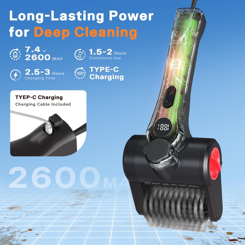 Nozrix Electric Grill Brush, 100W High Power Cordless BBQ Cleaner with 300ml Water Spray Tank, IPX8 Waterproof Automatic Scrubber for Gas Charcoal Grills, 2-Speed Rechargeable Power Brush with Scraper