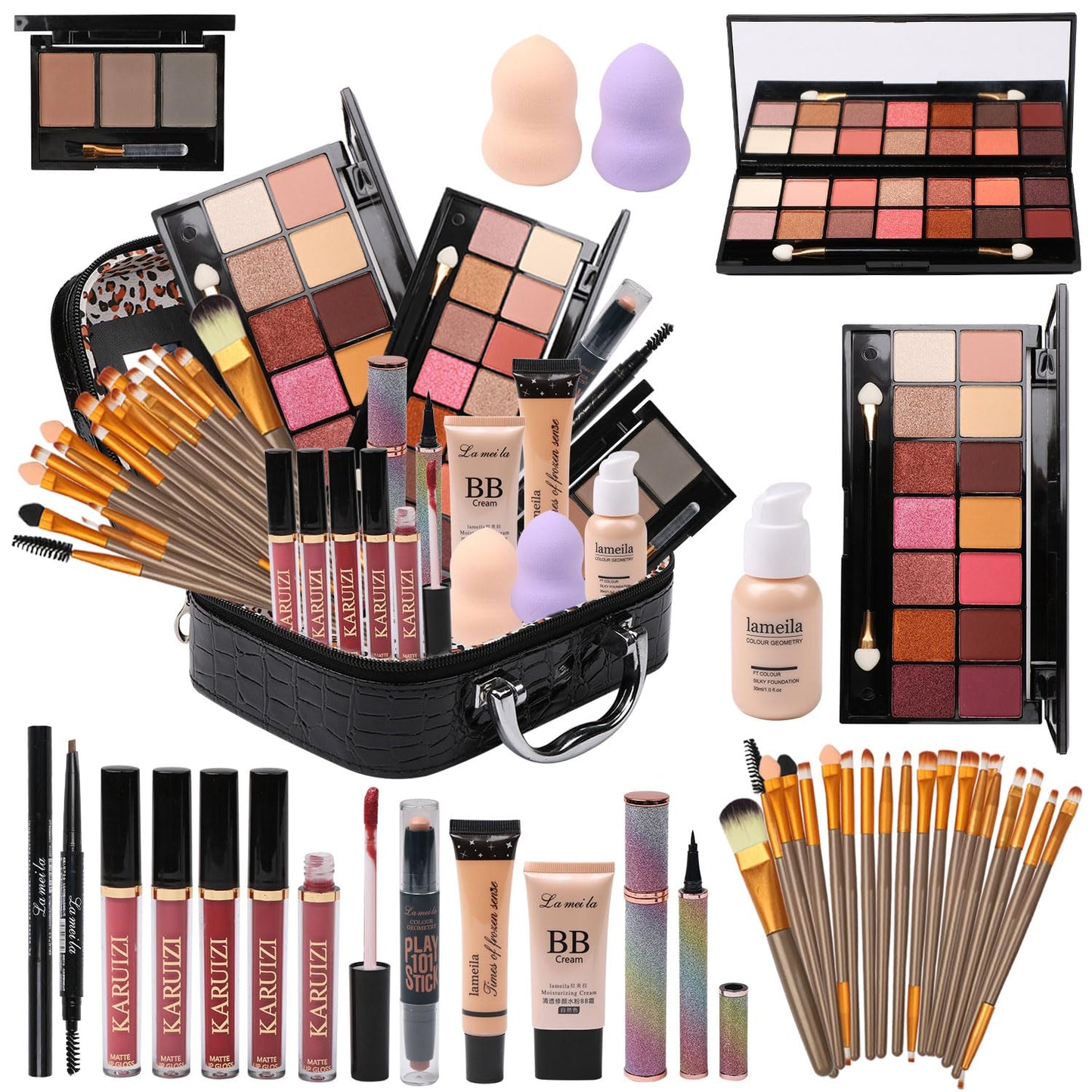 All-in-One Makeup Kit - Multipurpose Essential Set with Eyeshadow Palette, Lip Gloss, Foundation & Brushes | Complete Cosmetic Bag for Women