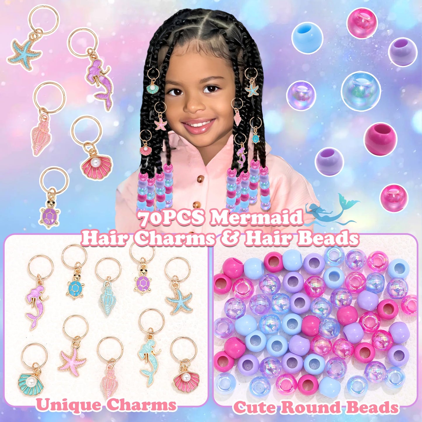 NAISKA 70PCS Pink Blue Beads for Braids Starfish Seashell Hair Charms Colorful Loc Beads Sets Mermaid Hair Jewelry Cute Multi-styles Hair Accessories for Kids Girls