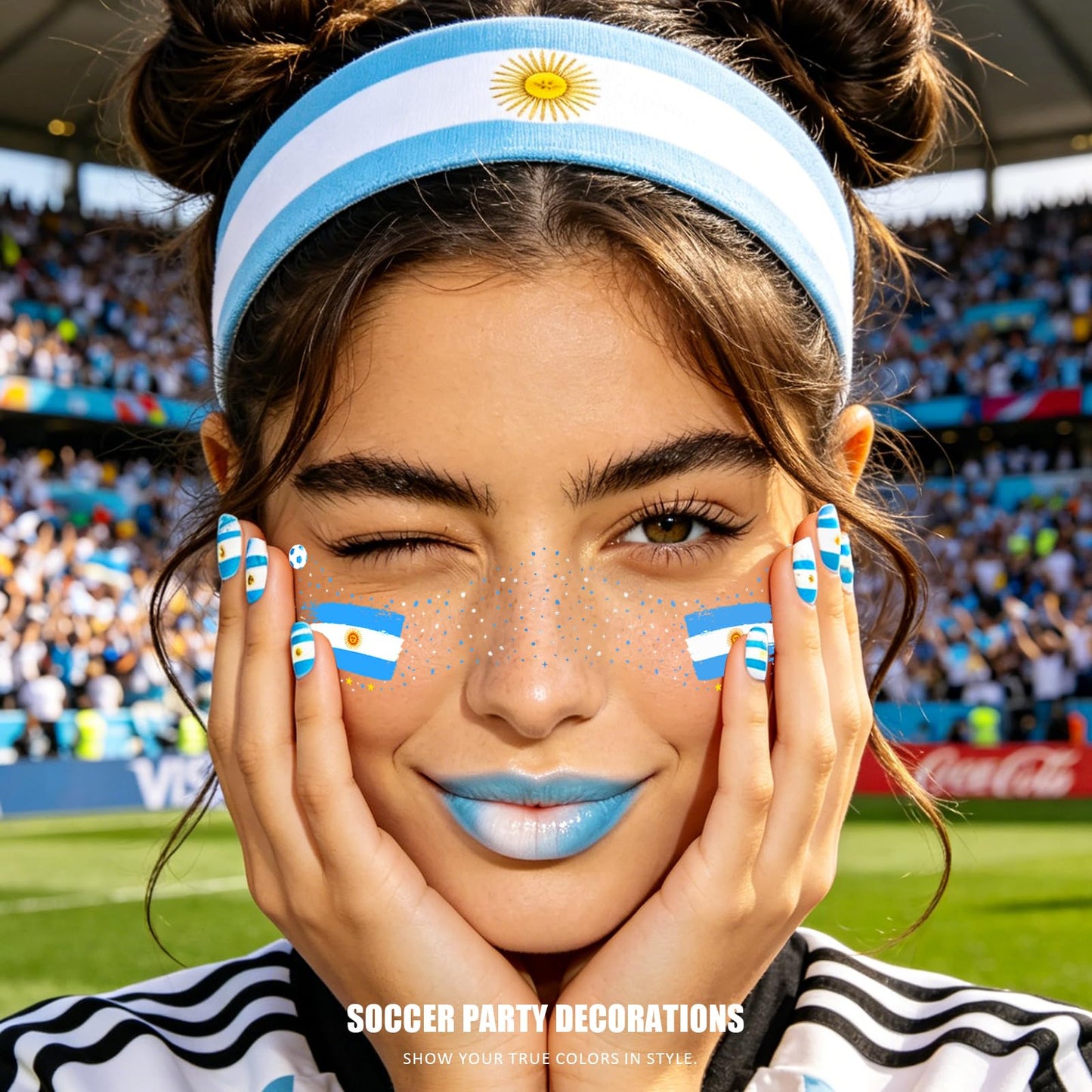 VXZ Blue & White Soccer Fan Freckles Face Tattoo - Sun & Flag Brushstroke Temporary Tattoos | Waterproof Sports Sparkle Stickers for Football Matches & Game Day Celebrations (8 Sheets)