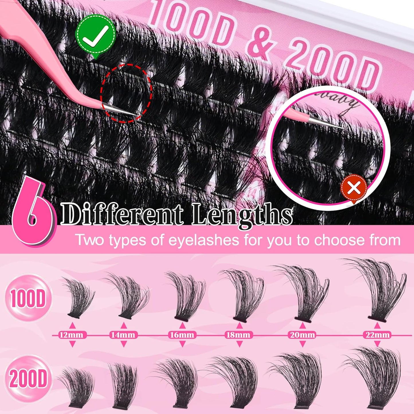 Lash Clusters - 100D & 200D Mega Thick Wispy Volume Lashes | 12-22mm, 280 Pcs Plant Fiber DIY Eyelash Extensions