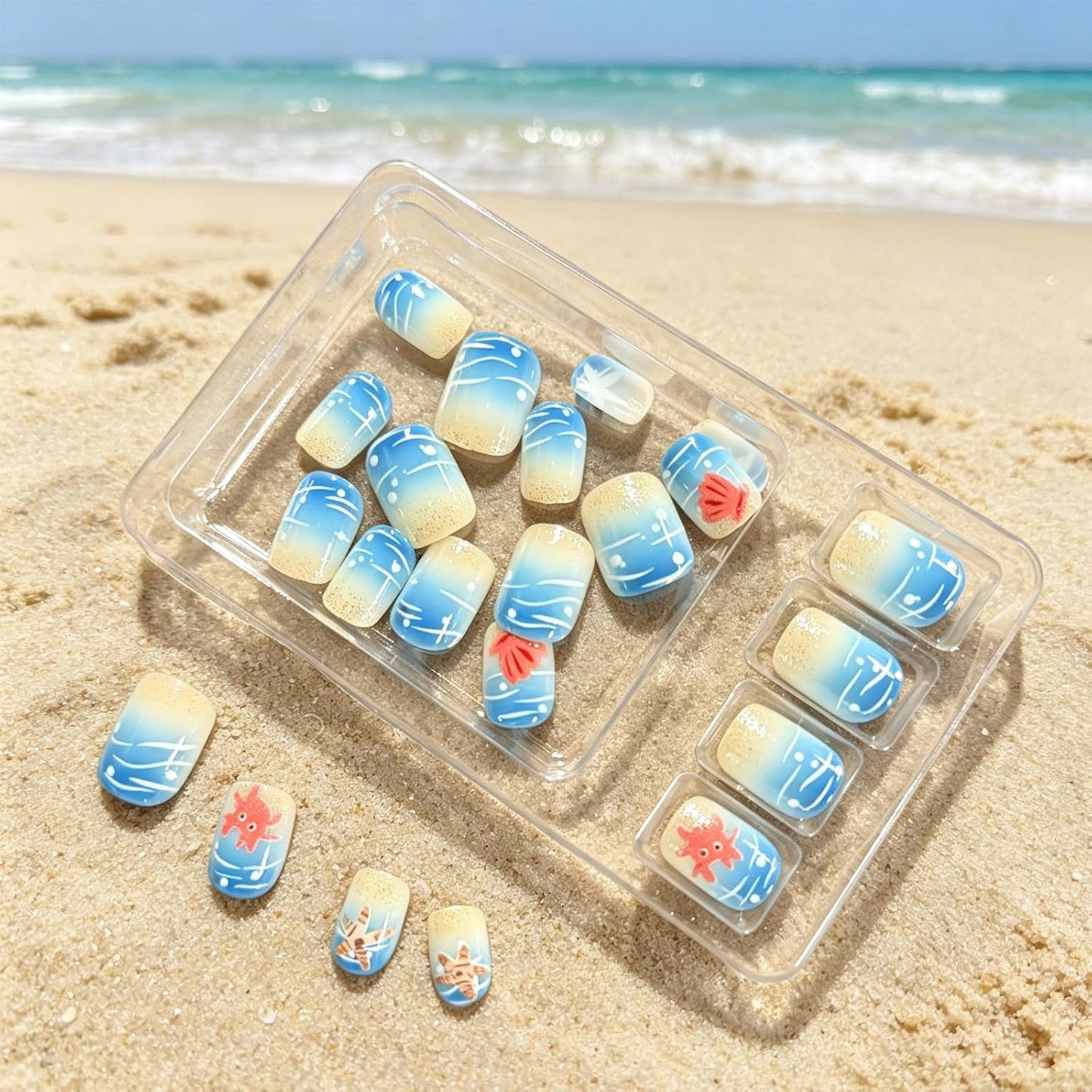 Press On Nails - Short Square Blue Wave Glitter Design | 24 Pcs Glossy Reusable Artificial Nails for Summer