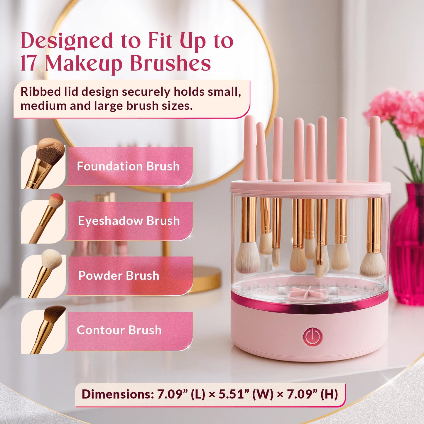 360° Makeup Brush Cleaner – Dual Spin Electric Makeup Brush Cleaning Machine, Holds 17 Brushes, Portable and Compact Design for Travel & Home Use, Perfect Brush Cleaner for Makeup Professionals