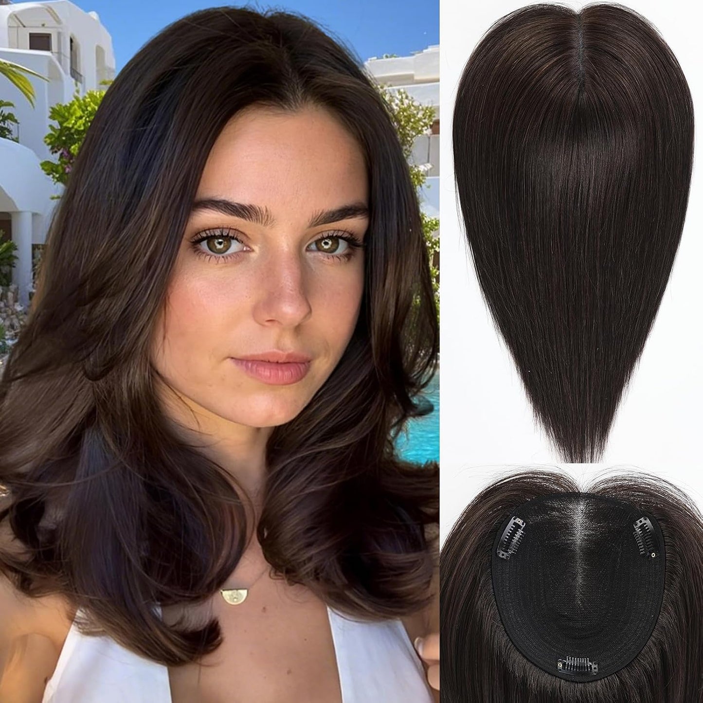 Real Human Hair Toppers for Women - 14 Inch Silk Base | Ash Blonde Mixed Brown with Bangs - 60g