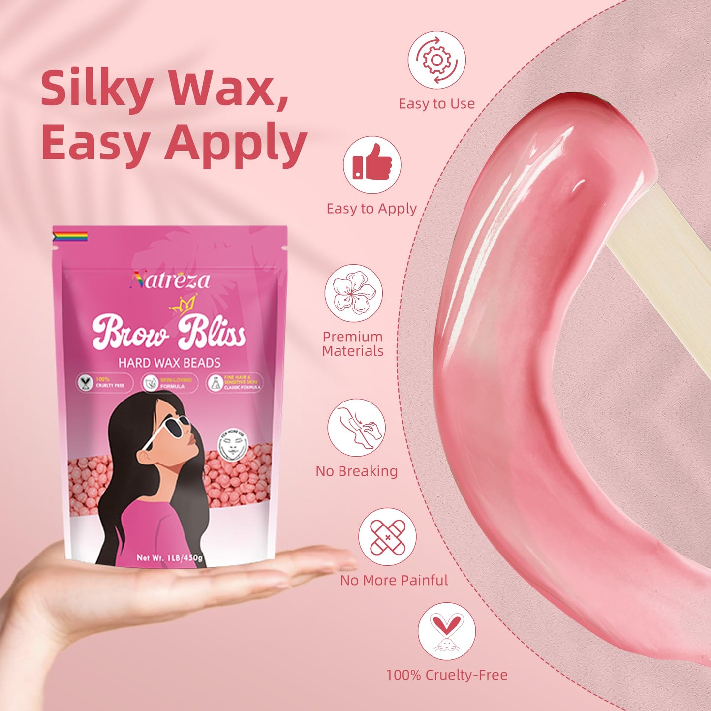 Natreza Hard Wax Beads, 1lb Waxing Beads for Face, Brazilian, Bikini, Legs, Underarms, Sensitive Skin, Full Body Waxing, Wax Melts for Hair Removal, Home Wax Beans for Women Men, Pink