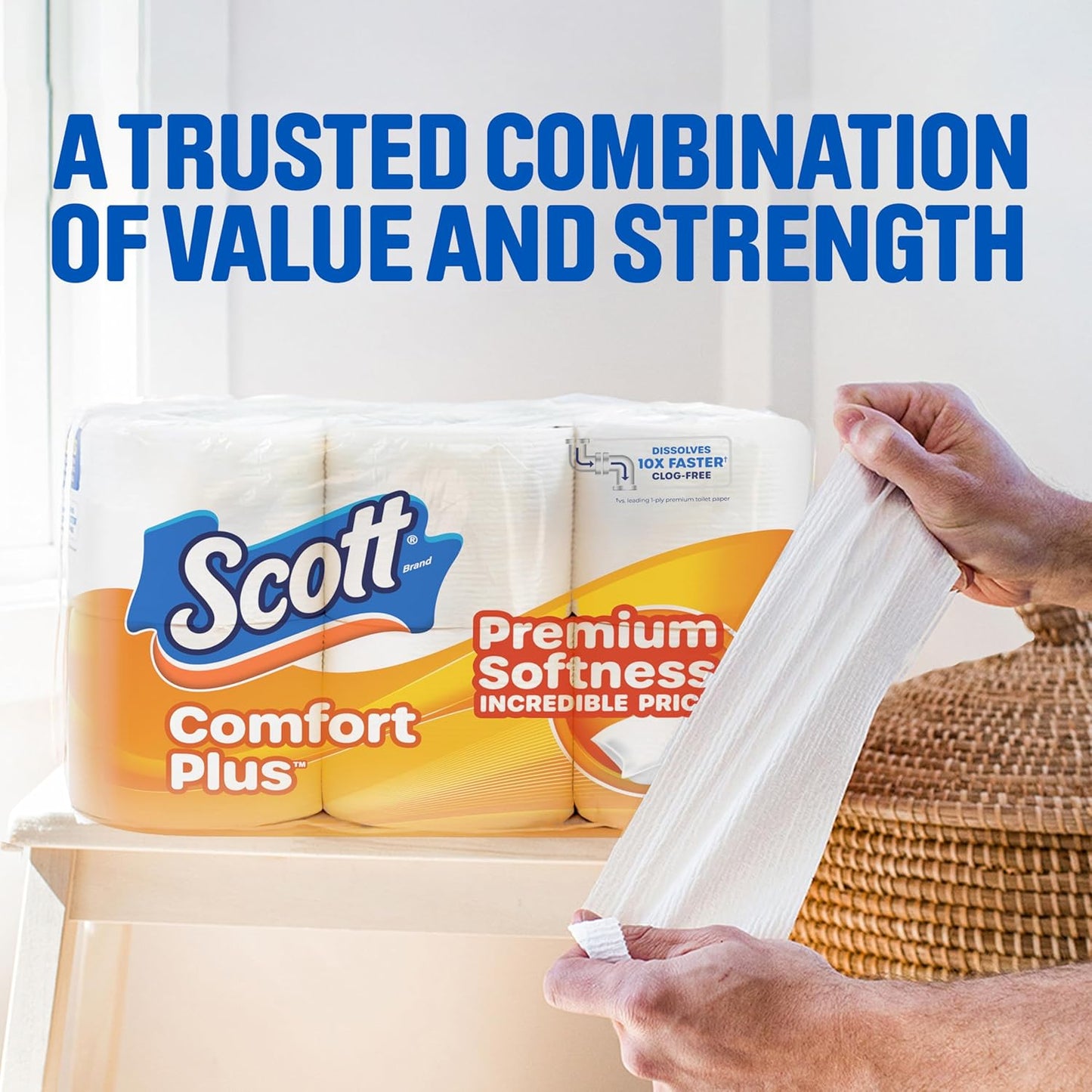 Scott ComfortPlus Toilet Paper - 12 Triple Rolls | 231 Sheets Each, Septic-Safe, 1-Ply Softness