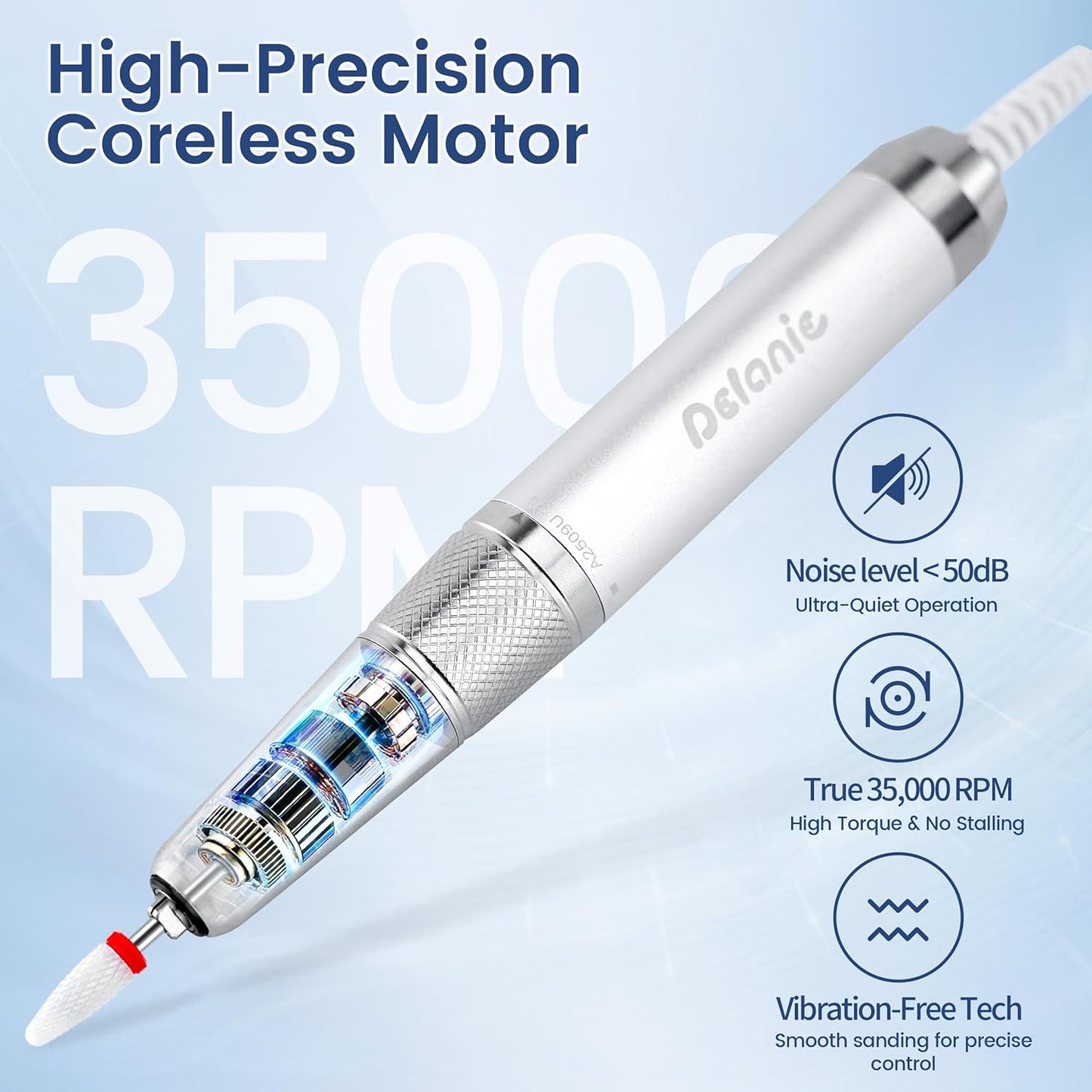 Rechargeable Nail Drill - 35000 RPM Efile for Acrylic & Gel Nails | Portable Electric Manicure & Pedicure Tool, Blue