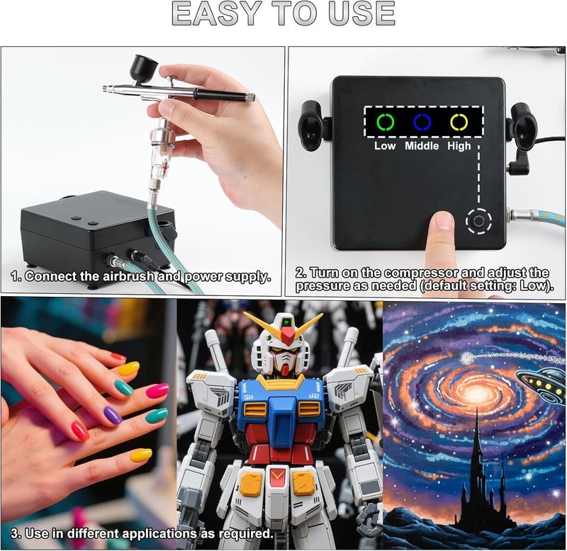 Airbrush Kit with Compressor - 55 PSI Non-Clogging Painting Set | 0.2/0.3/0.5mm Nozzles & Cleaner for Nail Art, Makeup, Modeling