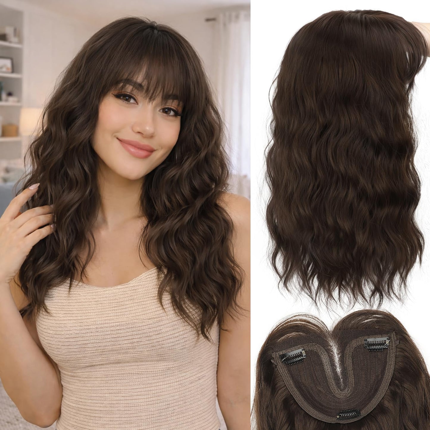 Hair Topper for Women - Clip-In Synthetic Hairpiece for Thinning Hair | 18-Inch Wavy Curly with Bangs