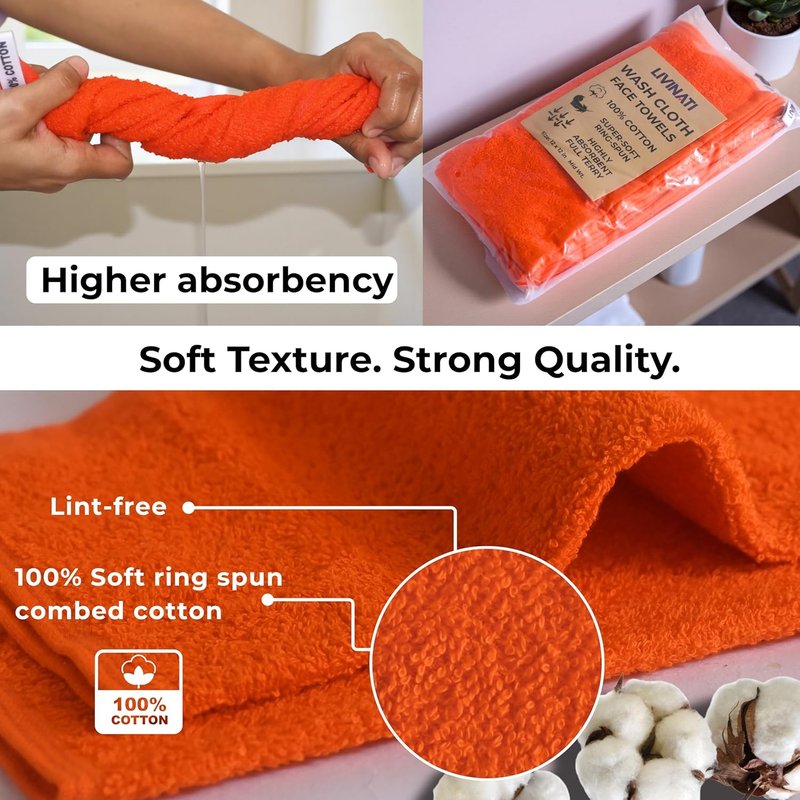 100% Cotton Wash Cloths - Soft Absorbent Terry Towel Set | Orange 12" x 12" - 6 Pack for Adults & Kids