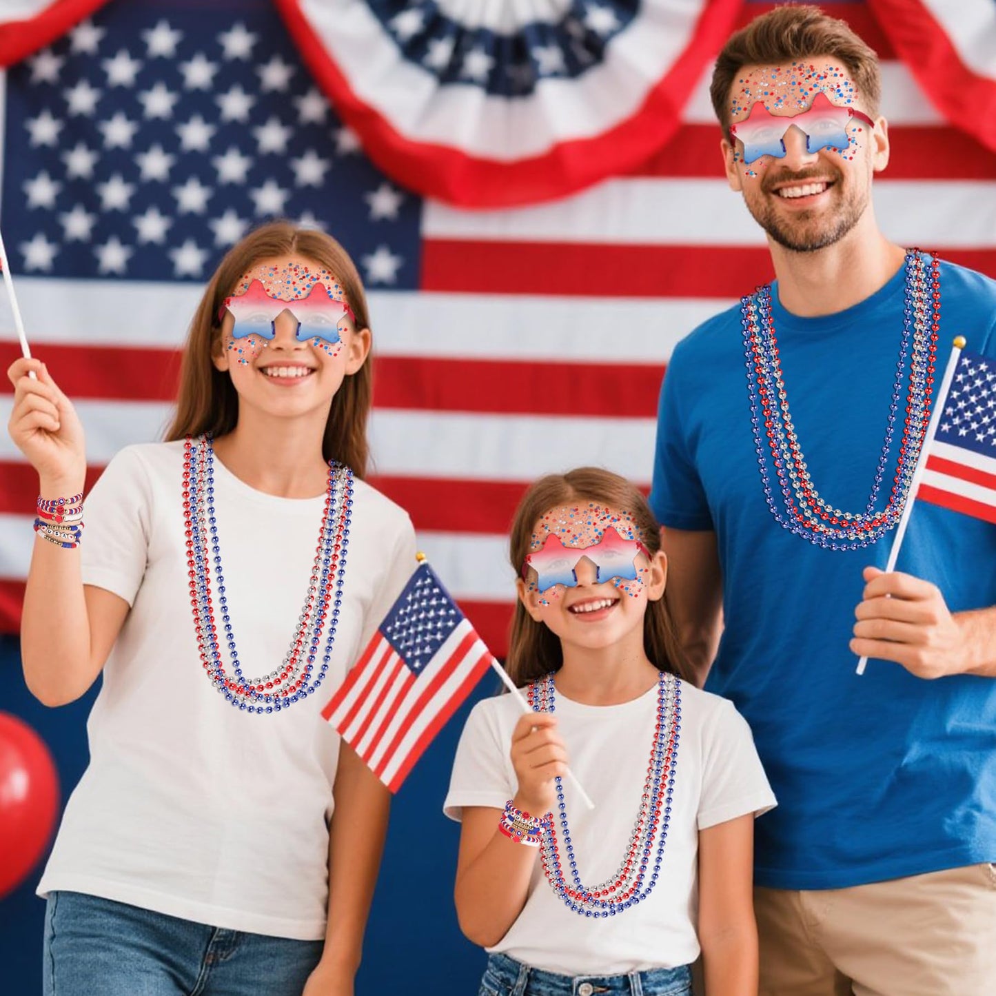 Go Ho 4th of July Outfits for Women,6PCS Beaded Stackable Stretch Bracelets,Red White and Blue Face Body Glitter,9PC Necklaces,3PC Star Glasses, Fourth of July Decorations Favors Accessories Set