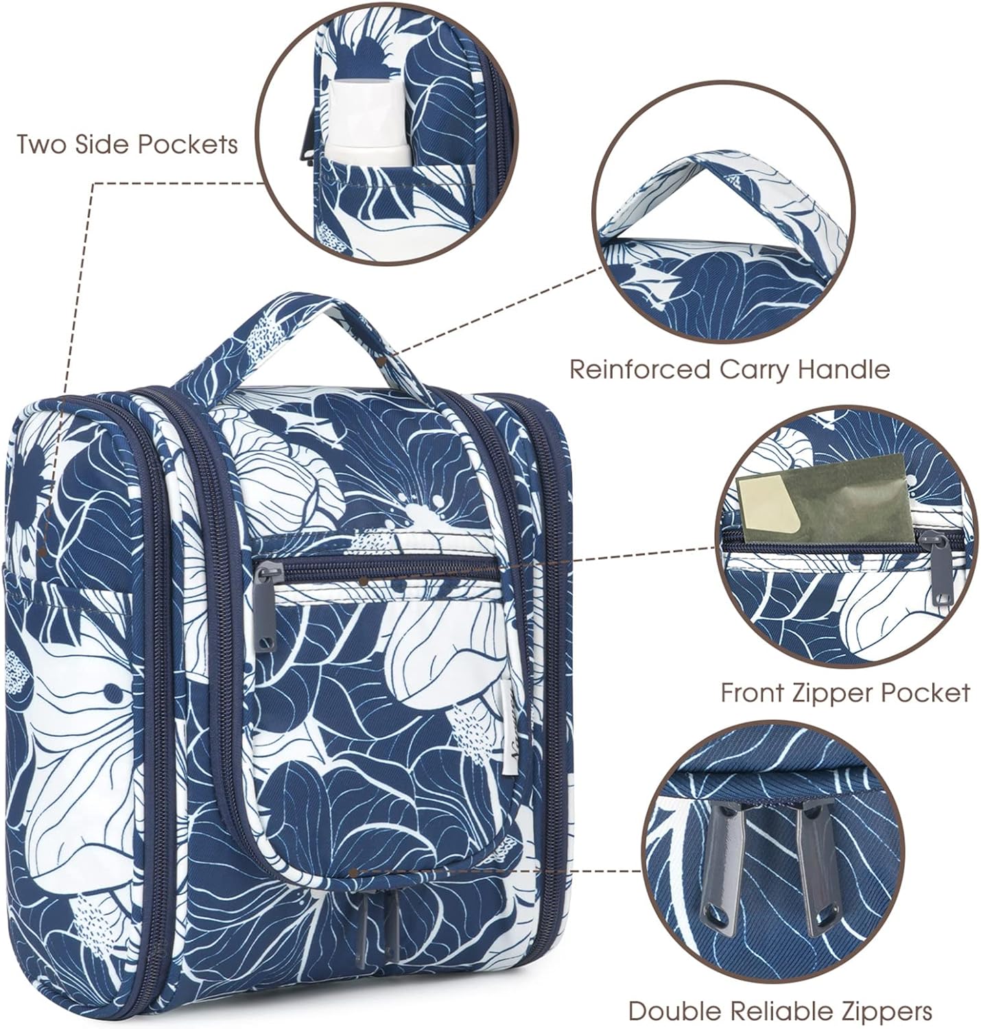 Travel Toiletry Bag Organizer - Small Hanging Cosmetic Case for Men & Women | Medium, Blue Lotus