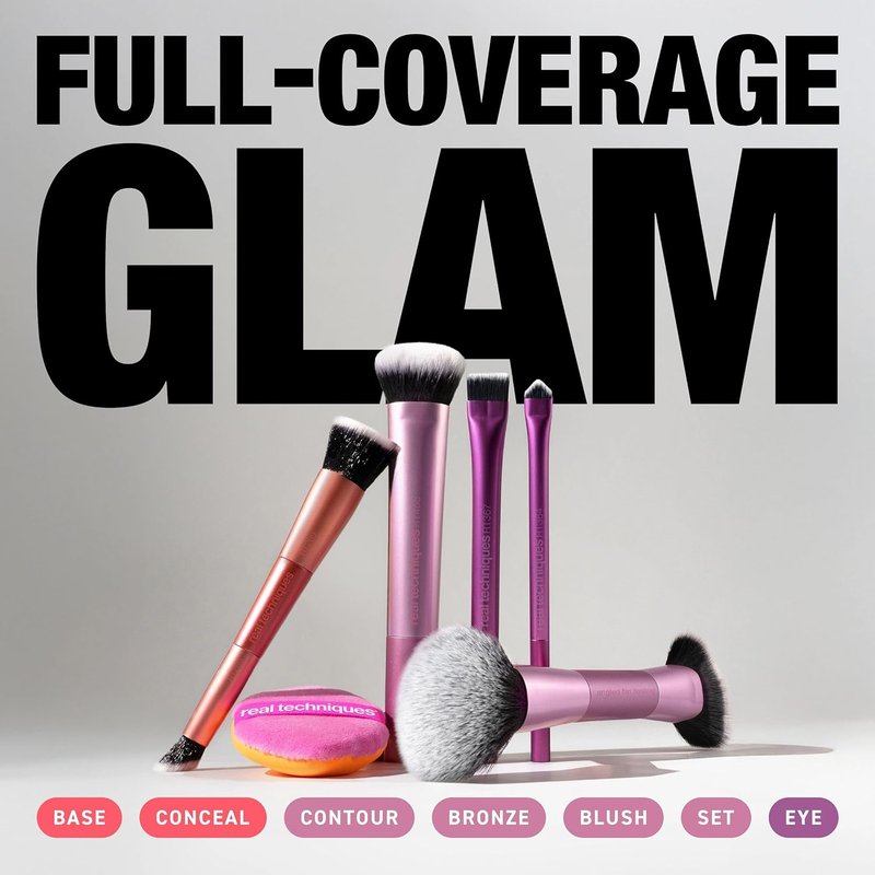 Real Techniques Big Blends Brush Set - 6-Piece Makeup Brush & Puff Kit for Foundation, Concealer, Powder | Travel-Friendly, Vegan