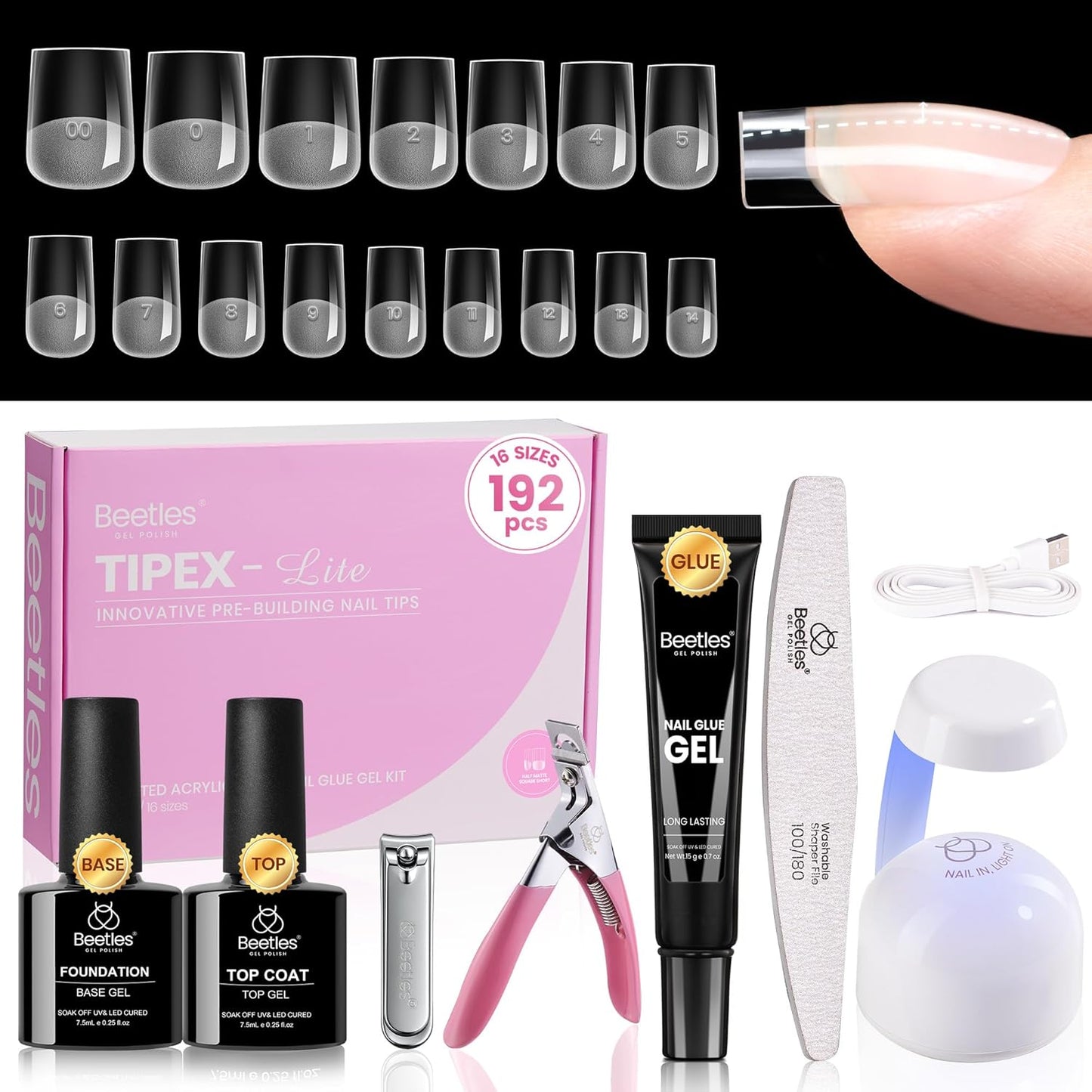 Beetles Tipex Lite Kit - All-in-One DIY Nail Art Set with Mini UV Lamp, 256PCS, Short Almond, 16 Sizes