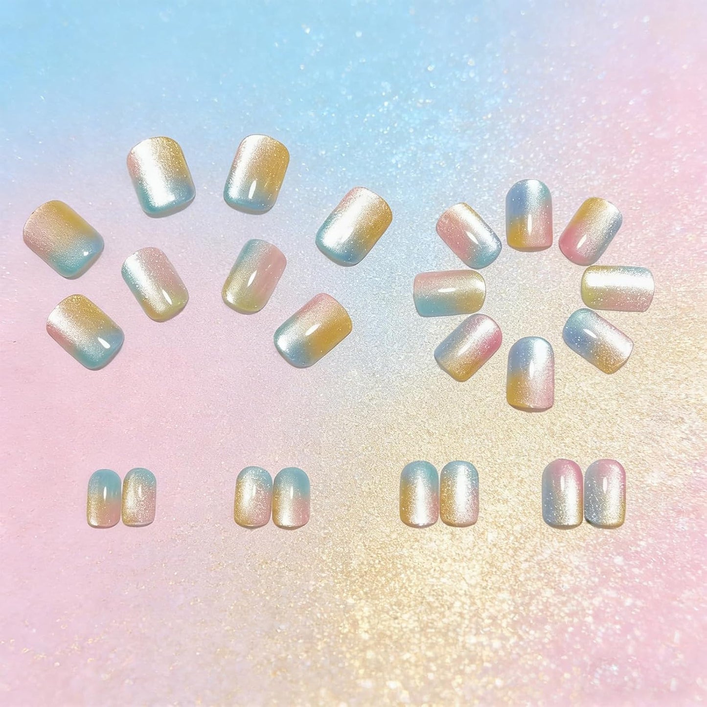 Gradient Colorful Press-On Nails - Short Square Glitter Fake Nails | Reusable Candy Color Designs, 24 Pcs