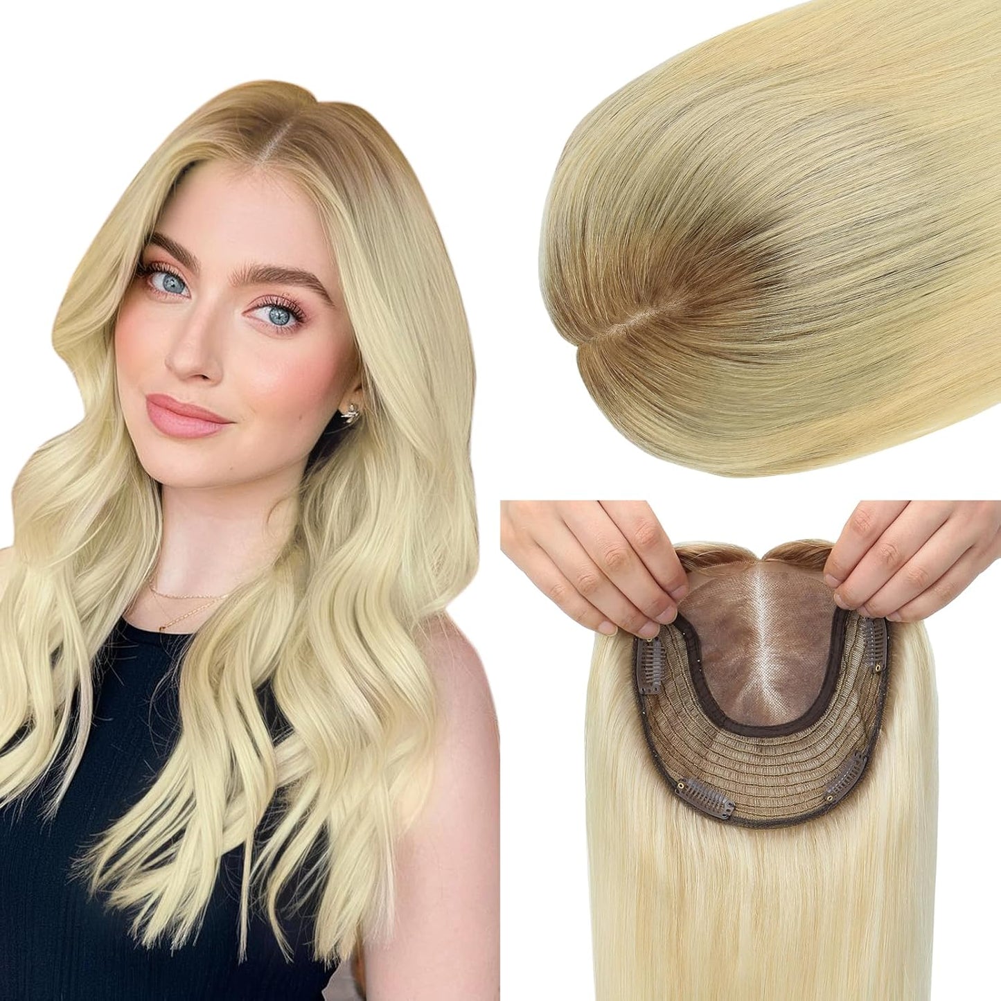 Real Human Hair Toppers for Women - Thinning Crown Solution | 6x7 Inch, 150 Density, 14 Inch Platinum Blonde