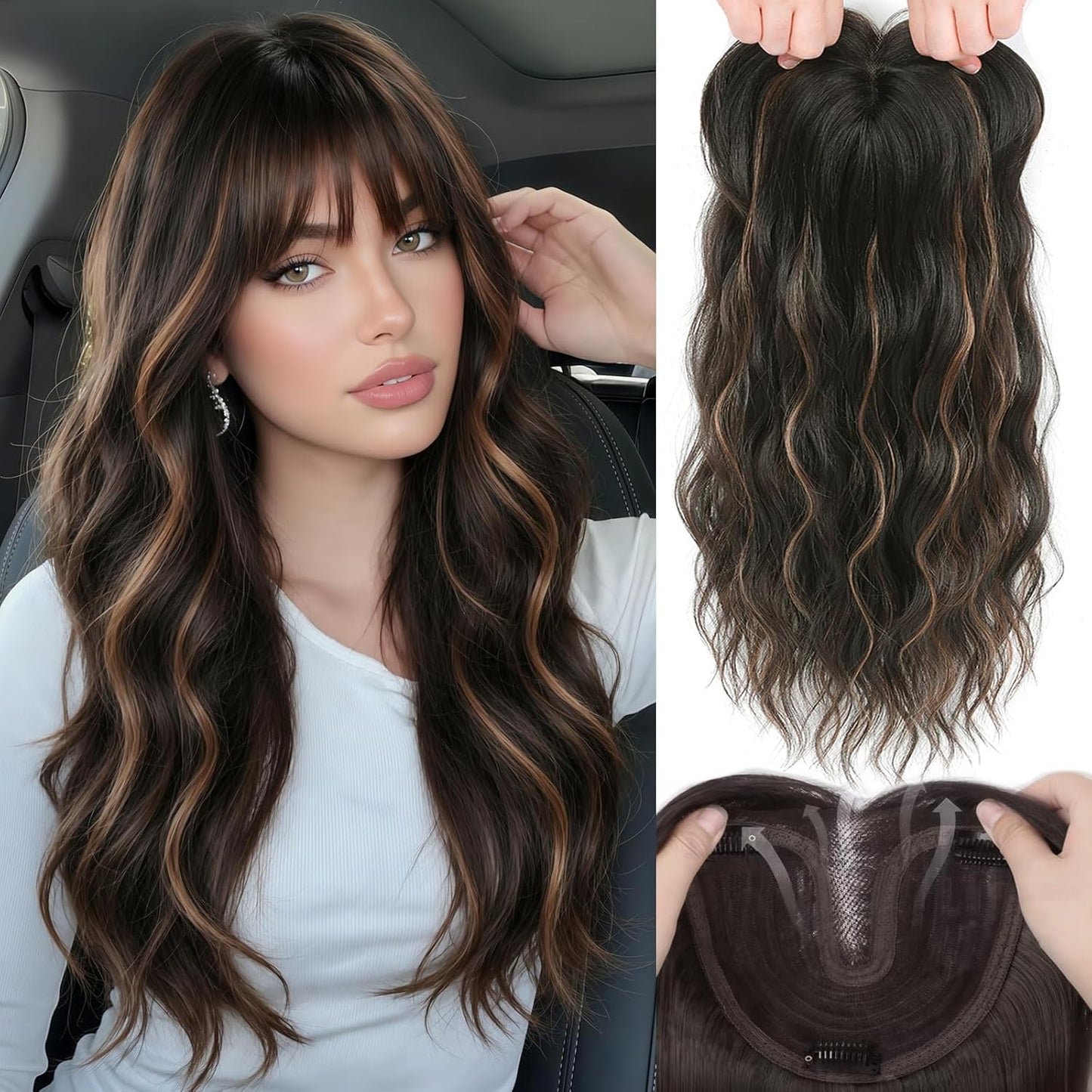 Hair Topper for Women - 16 Inch Synthetic Curly Wavy Clip-In with Curtain Bangs | Natural Looking Dark Brown Volume Piece