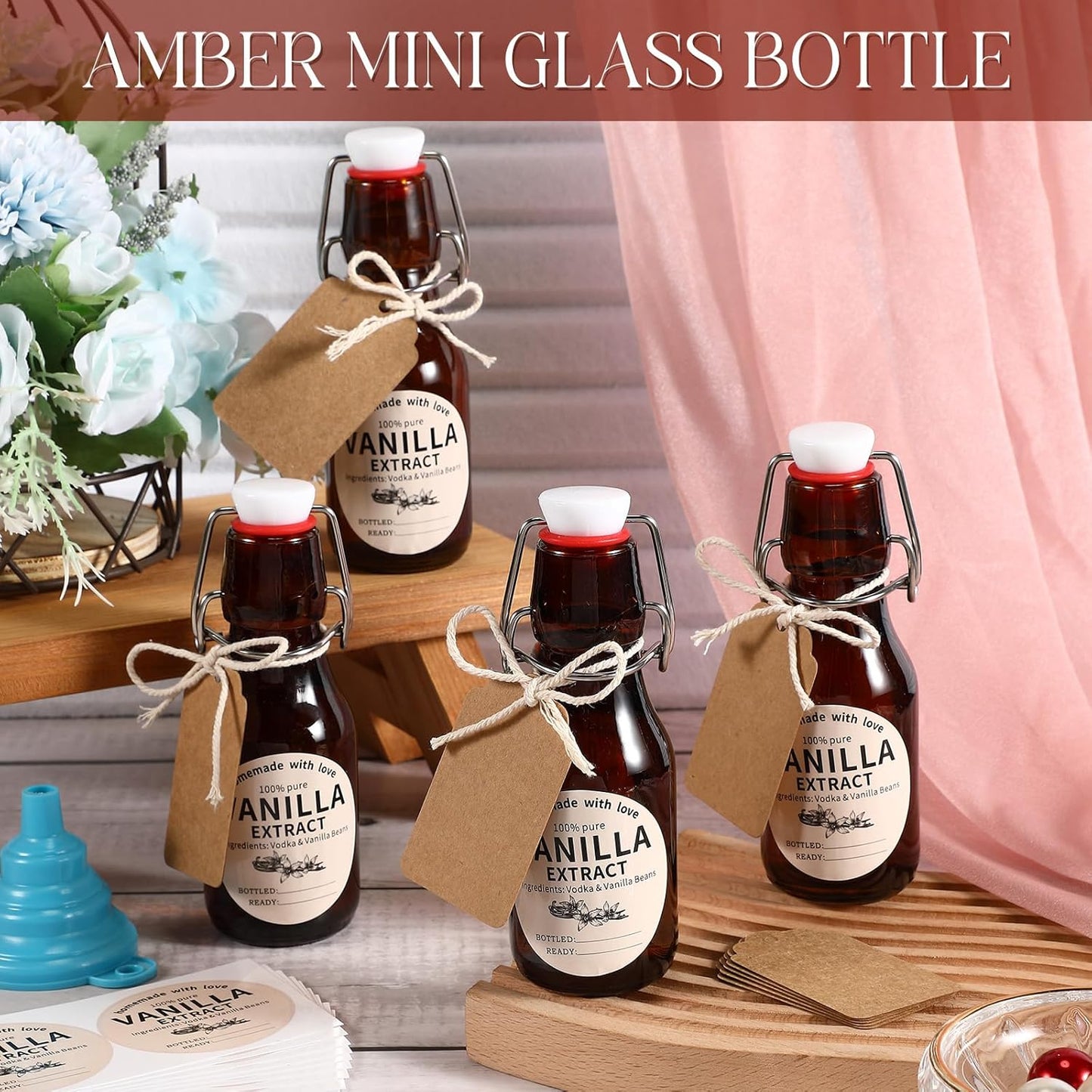 Vesici Swing Top Glass Bottles Set - Amber 8 Oz Jars for Homemade Vanilla Extract & DIY Crafts