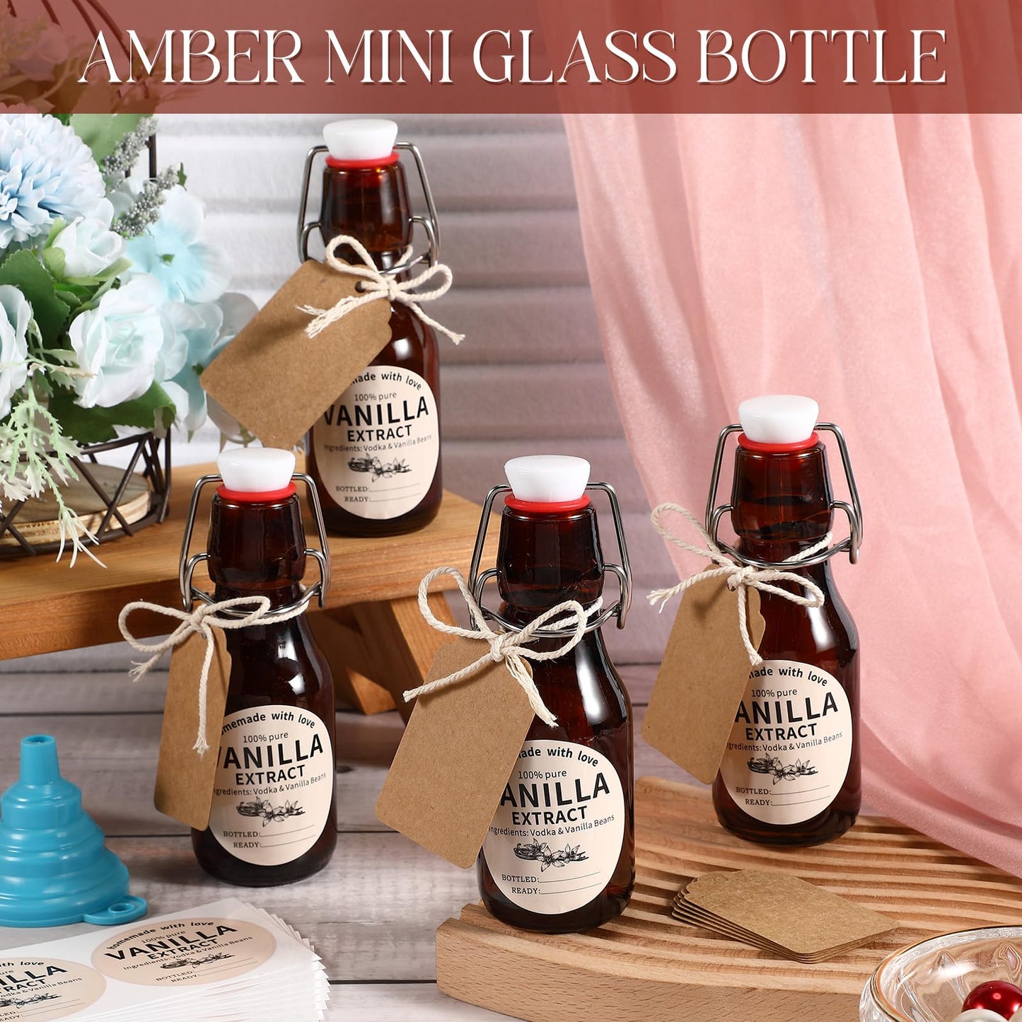 Vesici 8 Sets Swing Top Glass Bottles Set Amber Homemade Vanilla Extract Bottles Vanilla Extract Jars for Christmas DIY Crafts (8 Oz)