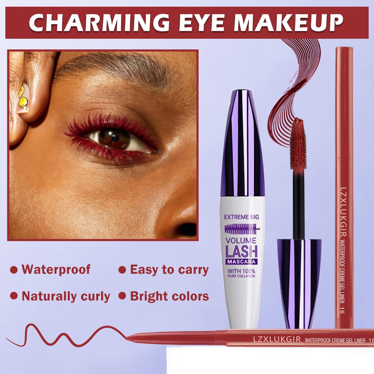 LZXLUKGIR Burgundy Mascara and Eyeliner Set,Natural Curling Red Mascara for Eyelashes,Volumizing Lengthening máscara de pestañas Waterproof,5D Colored Eye Makeup