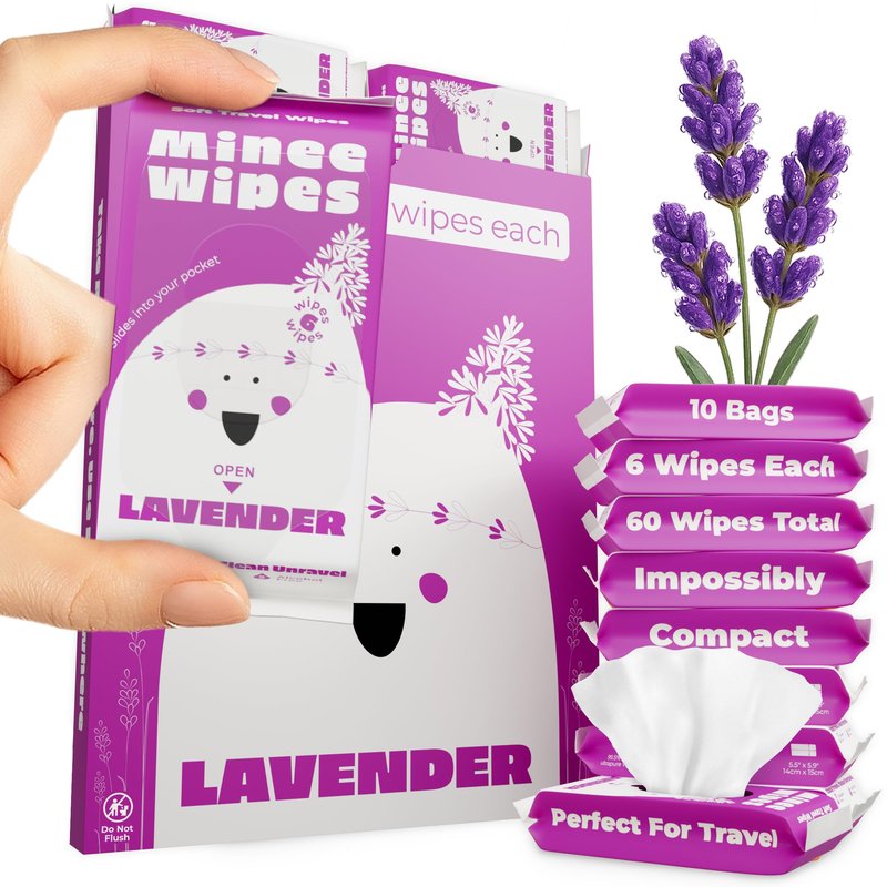 Impossibly Compact Travel Wipes - 99.5% Water - Safe for Sensitive Skin, Resealable, Thick & Durable - For Adults & Kids - Lavander, 10 Pack Total 60 Wipes