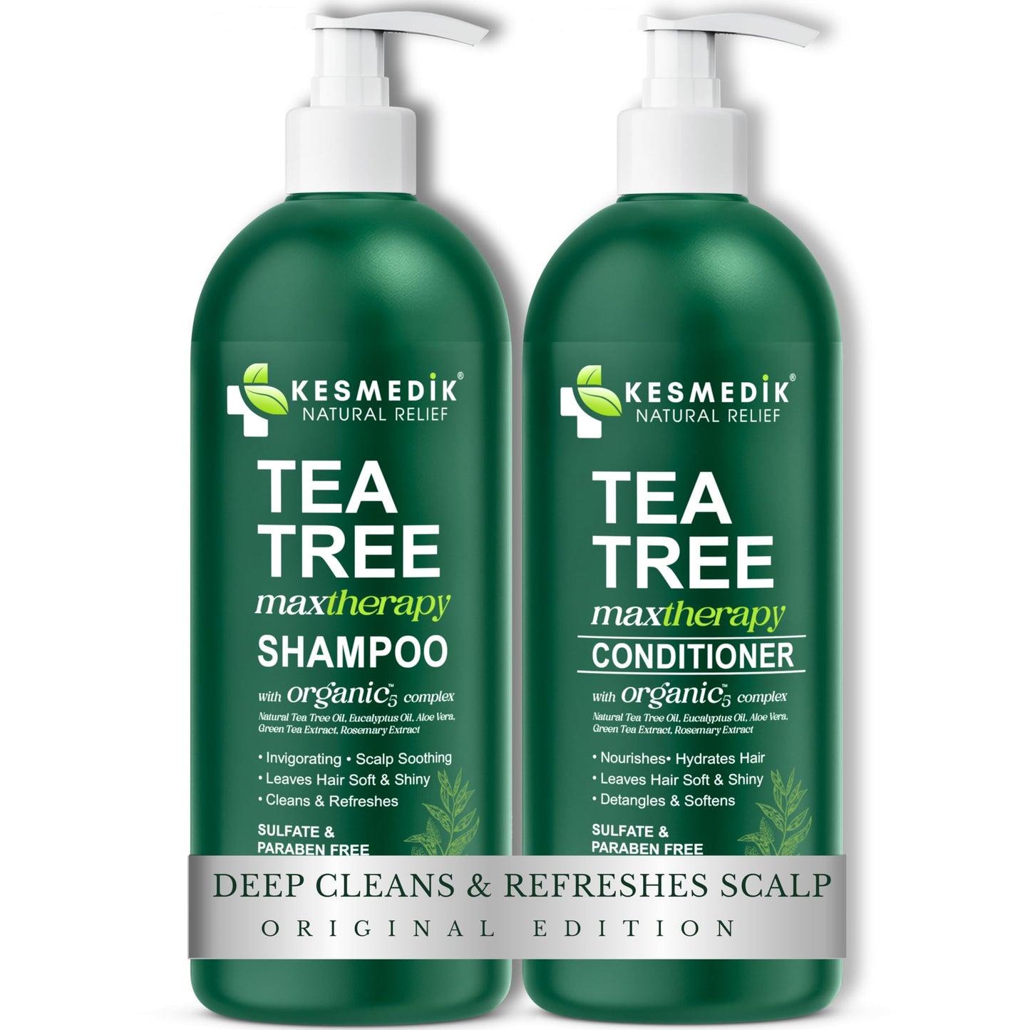 KESMEDIK Tea Tree Oil Shampoo and Conditioner MaxTherapy Set, Itchy Scalp Relief, Refreshes & Cleanses Dandruff & Buildup, Clarifying for Oily Hair, Women & Men, 16 fl oz Each
