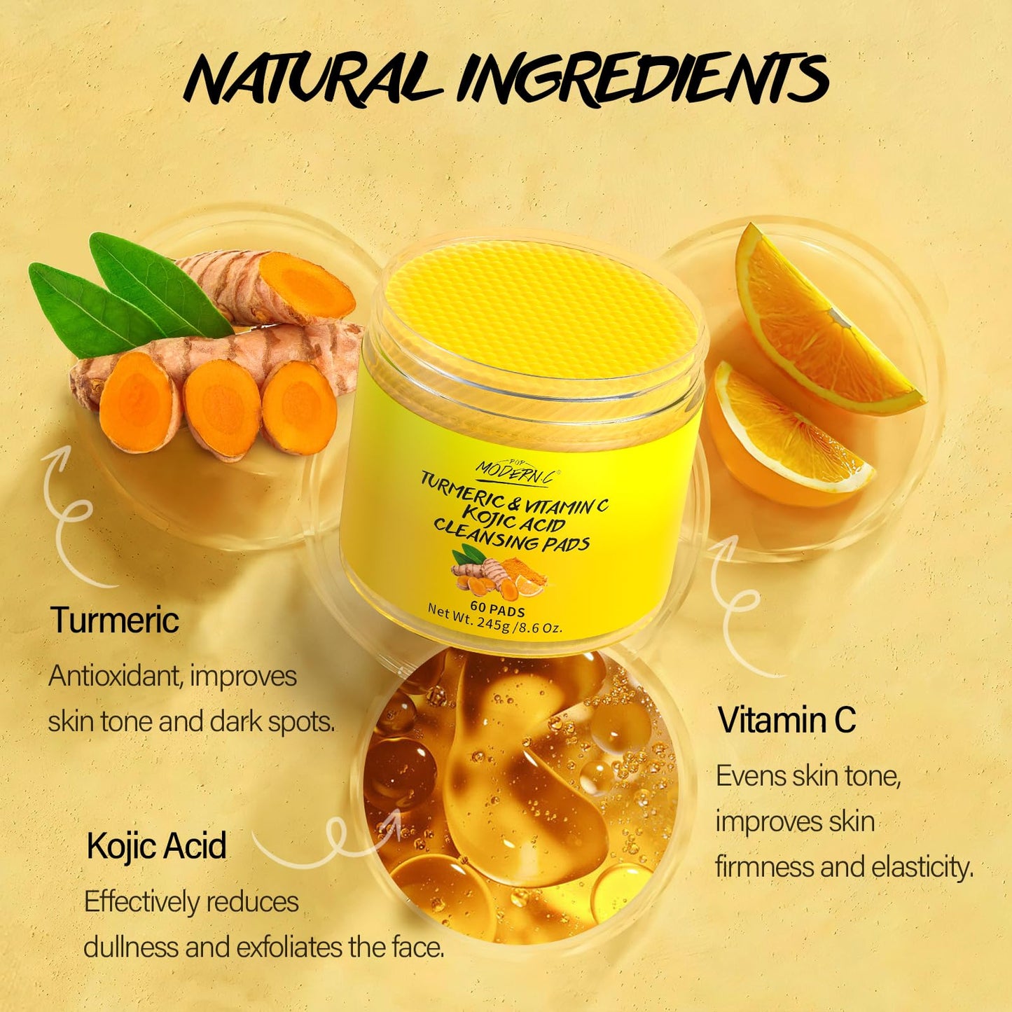 Turmeric Kojic Acid Cleansing Pads for Face 60 Pcs Turmeric Face Scrub for Dark Spots Vitamin C Exfoliating Pads Even Out Skin Tone with Exfoliating Cotton Rounds