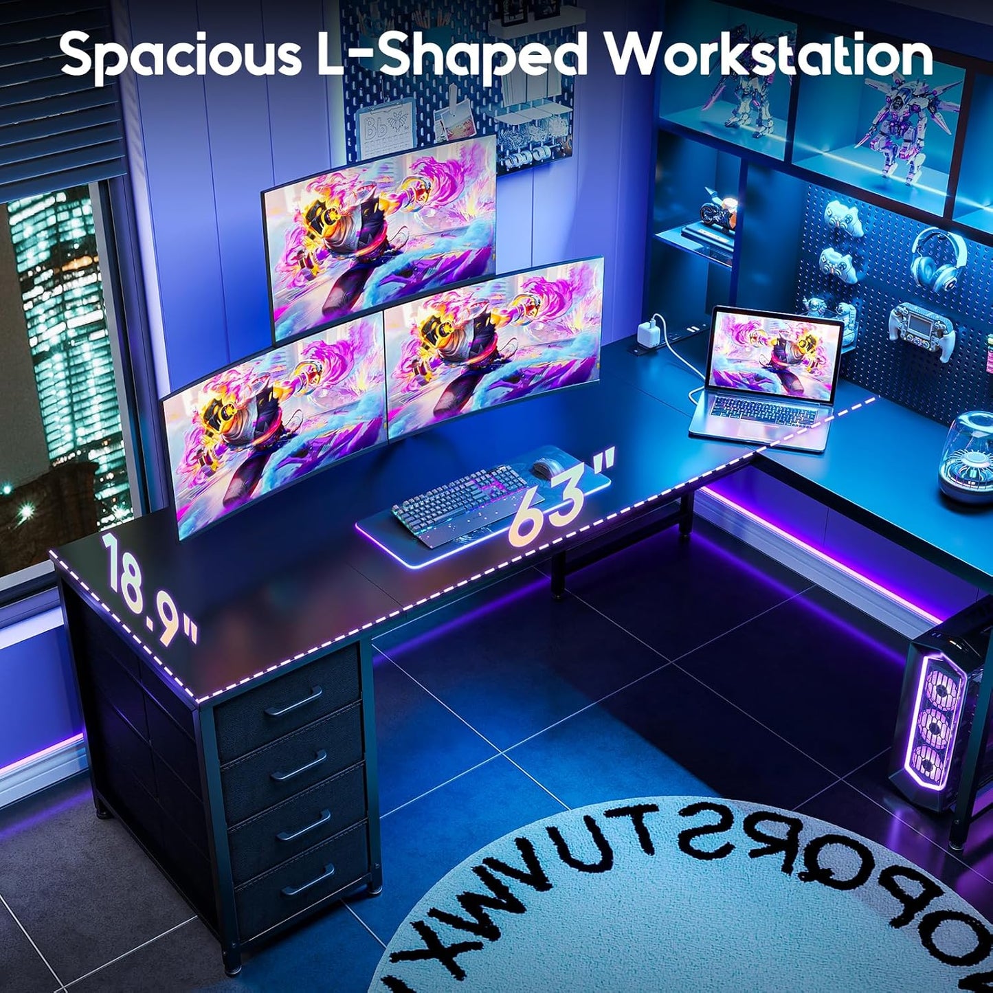 L Shaped Gaming Desk with Hutch - 63" PC Desk with LED Light & Power Outlets | Black