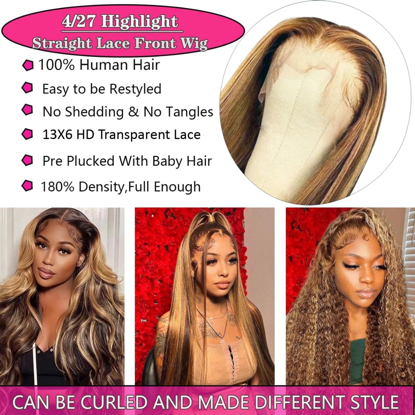 13x6 Ombre Lace Front Wig Human Hair 30IN 180Density Highlight Straight Wig