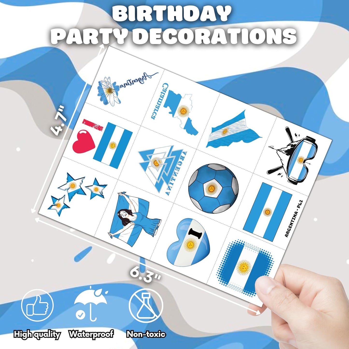 Argentina Soccer Party Favors - 96 PCS Pre-Cut Temporary Tattoos for Birthday Decor | Football Blue Stickers for Kids