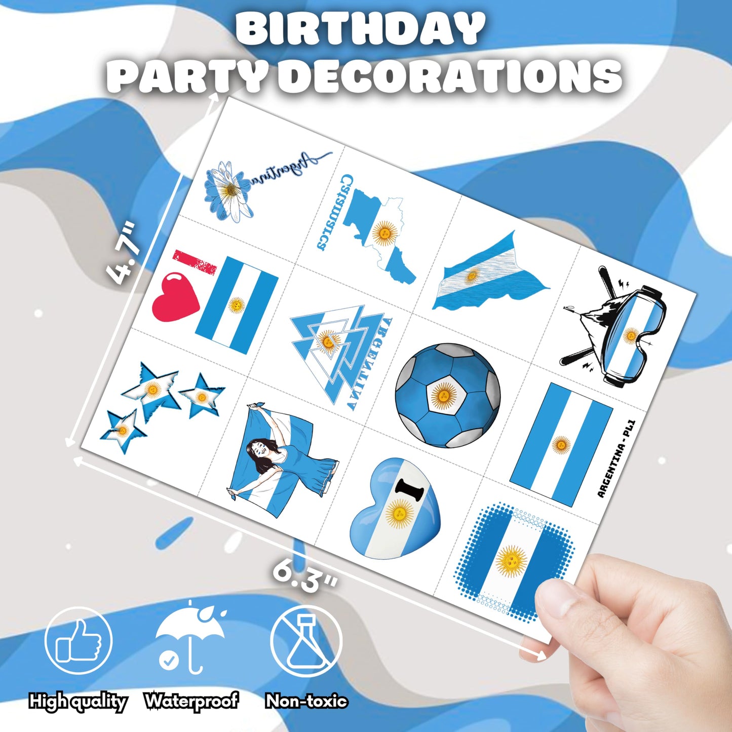 96 PCS Argentina Soccer Party Favors - Pre-Cut Temporary Tattoos Themed Birthday Party Decorations Supplies Decor Favors Football Blue Argentinian Tattoo Stickers Gifts For Game Boys Girls