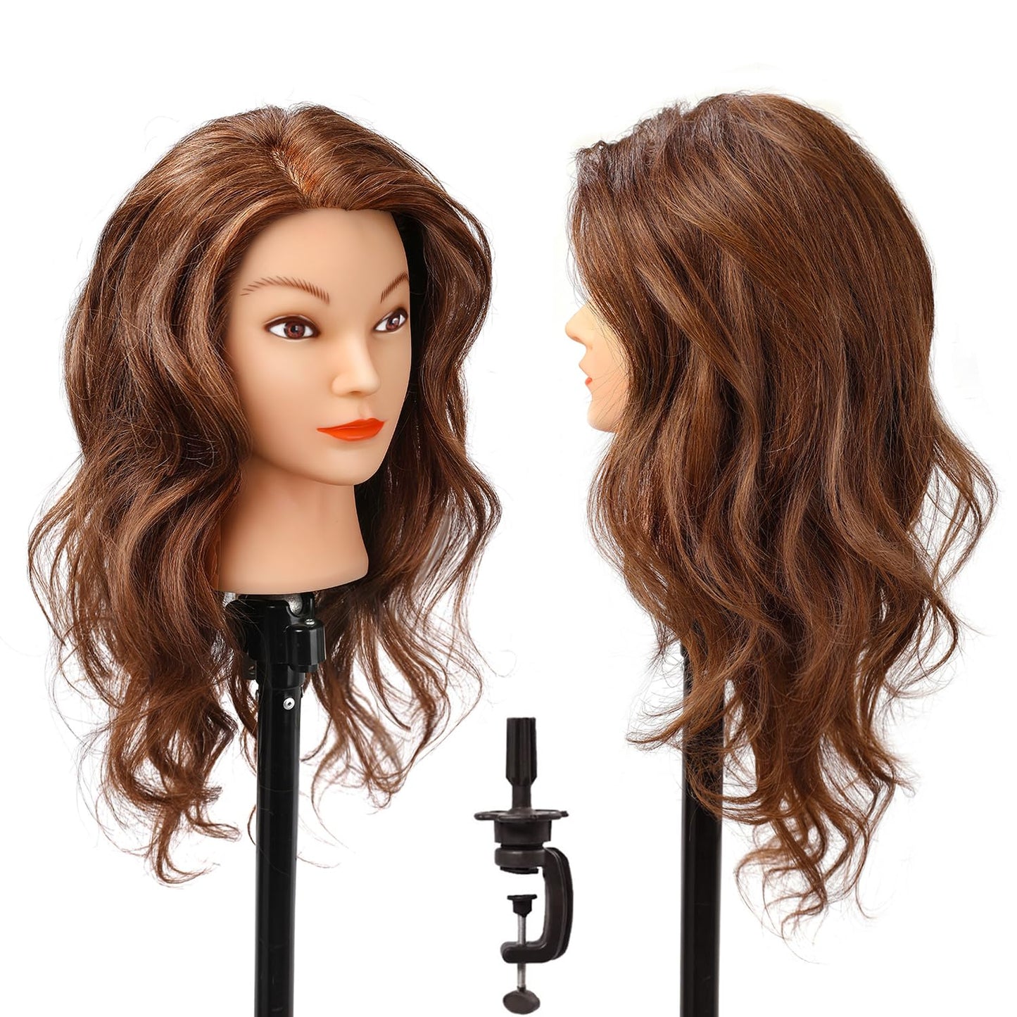 Human Hair Mannequin Head for Hair Styling Practice | 20-22" Dark Brown Cosmetology Doll with Clamp