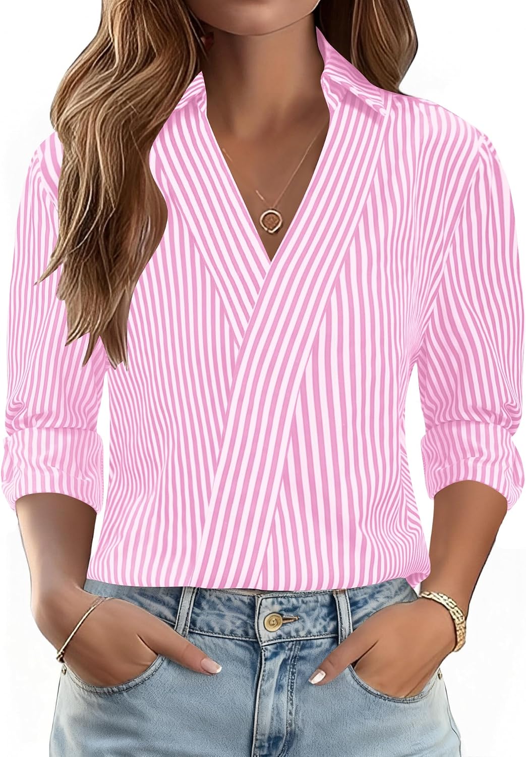 3/4 Length Sleeve Women's Dressy V-Neck Collared Tops - Trendy Business Casual Blouses for Work & Vacation