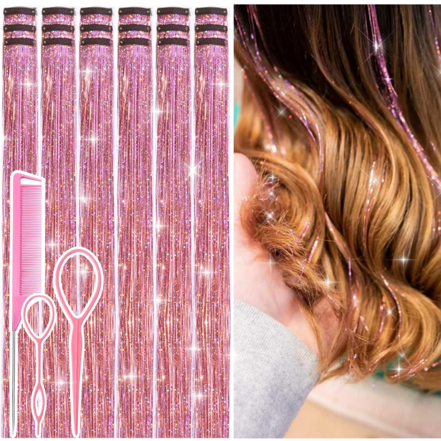 Hair Tinsel Kit - 12 Pcs Colorful Glitter Clip-In Extensions | 24 Inch for Girls, Women & Kids