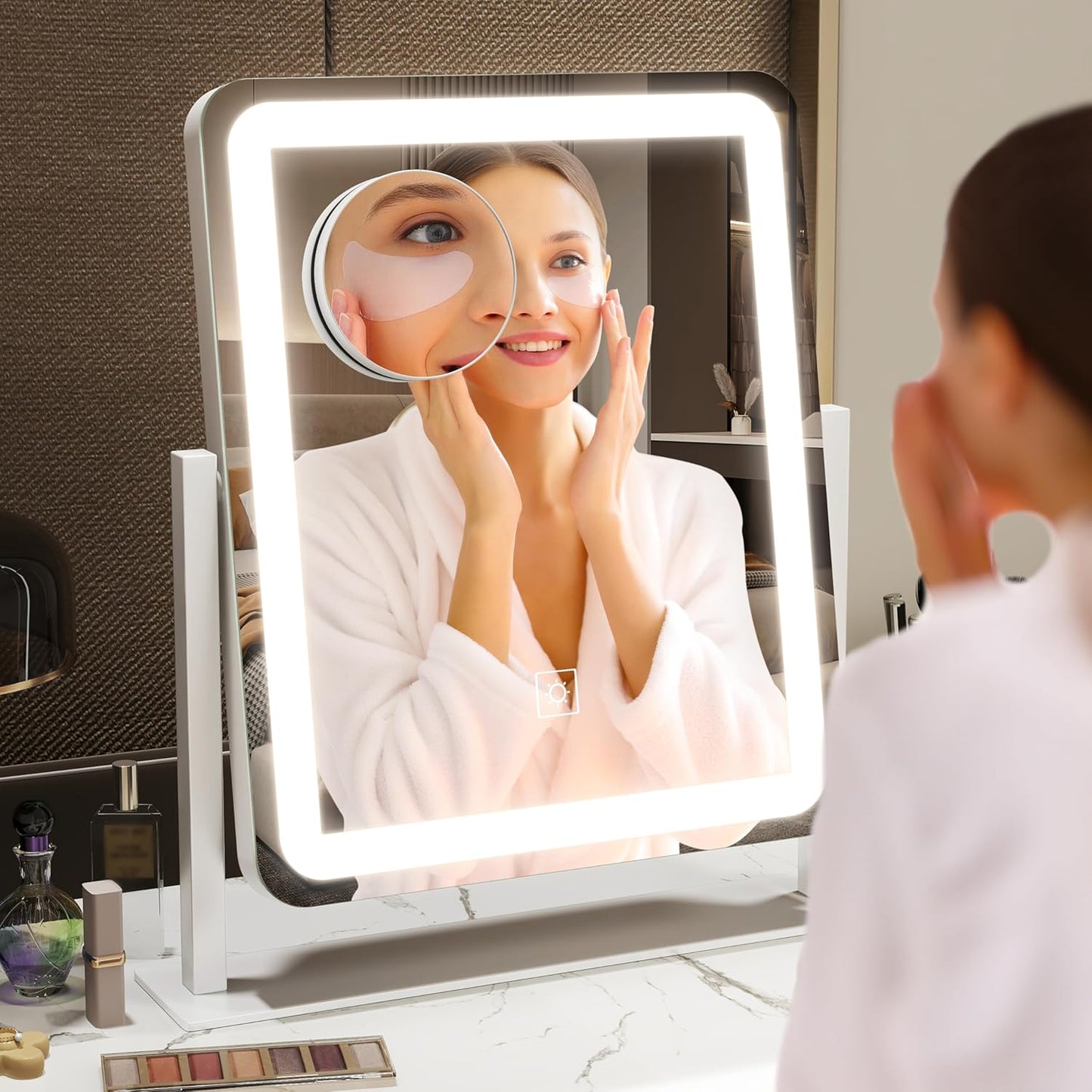 Lighted Vanity Mirror - Dimmable Makeup Mirror with 3 Color Smart Touch Control | 15"x13" HD Glass, 360° Rotation, Aluminum Frame