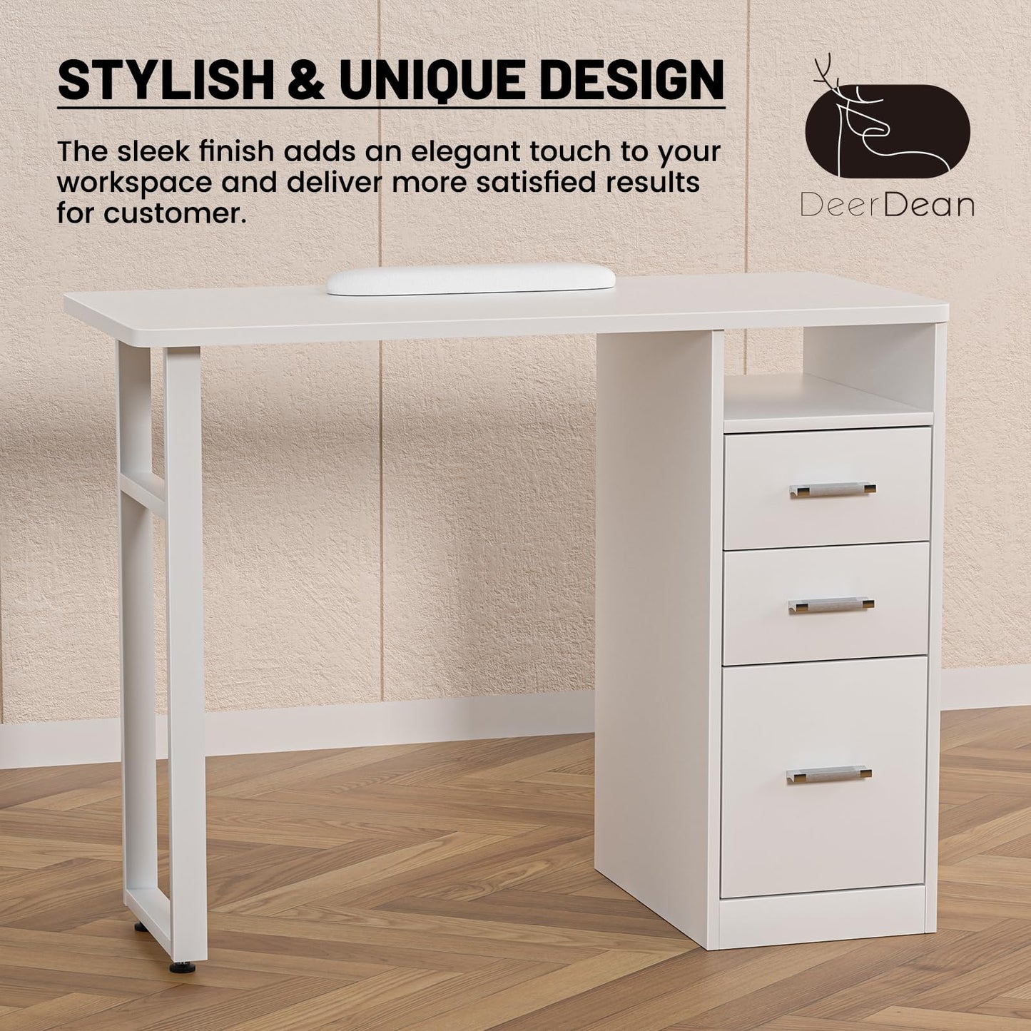 DeerDean Manicure Table Nail Desk Acetone Resistant White Nail Tech Table w/Wrist Cushion, Drawers & Cabinets