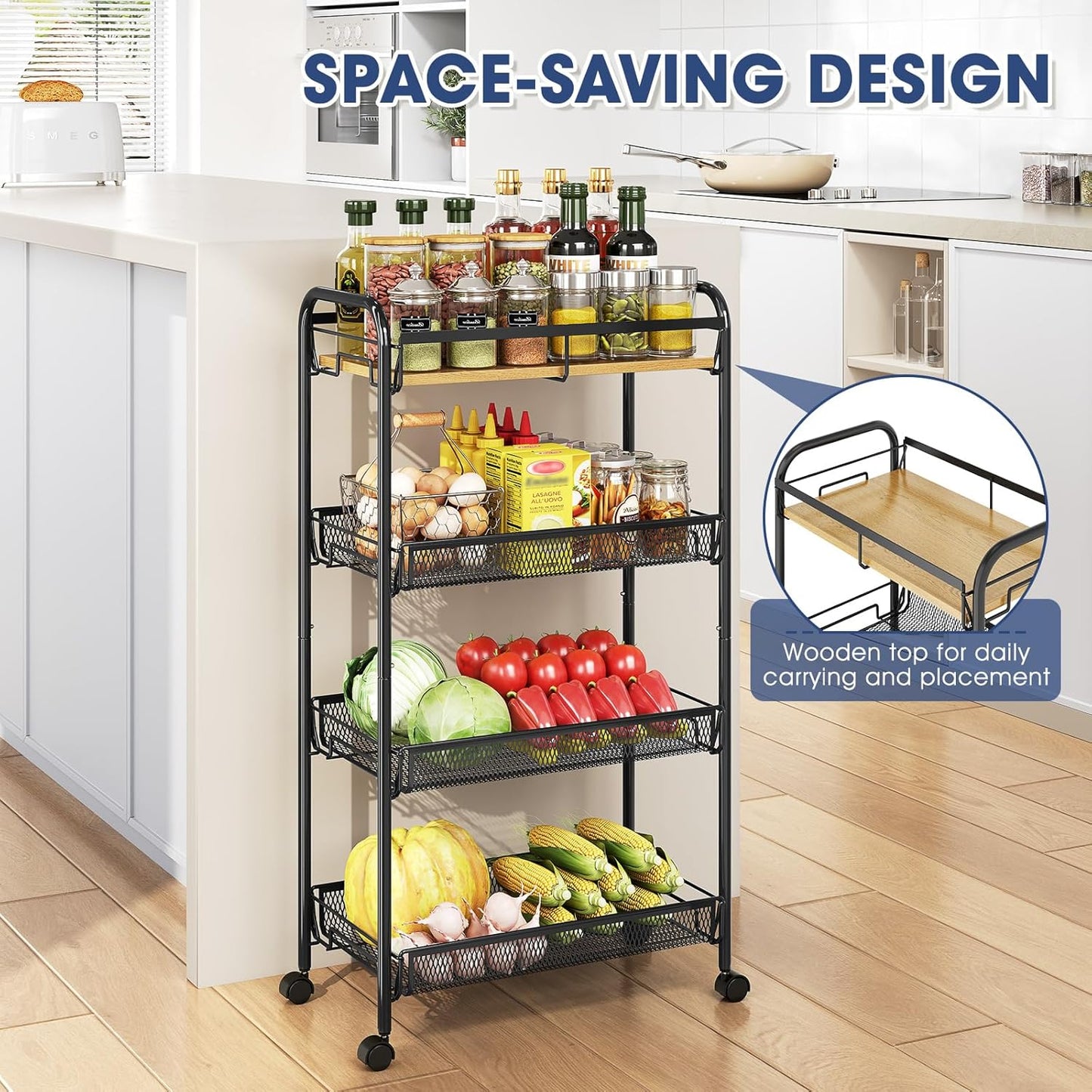 4-Tier Rolling Utility Cart - Metal Storage Trolley with Wooden Tabletop & Mesh Baskets | Easy Assembly for Kitchen, Bathroom, Laundry Room, Bedroom
