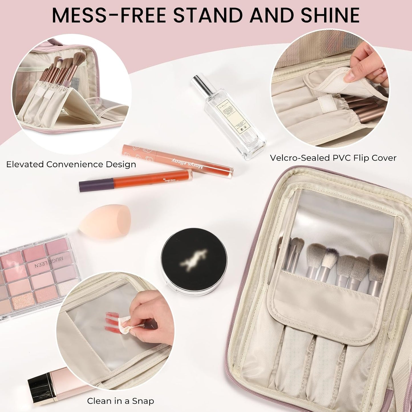 Travel Makeup Bag - Large Capacity Waterproof Organizer | Free-Standing Design, Easy Access - Pink