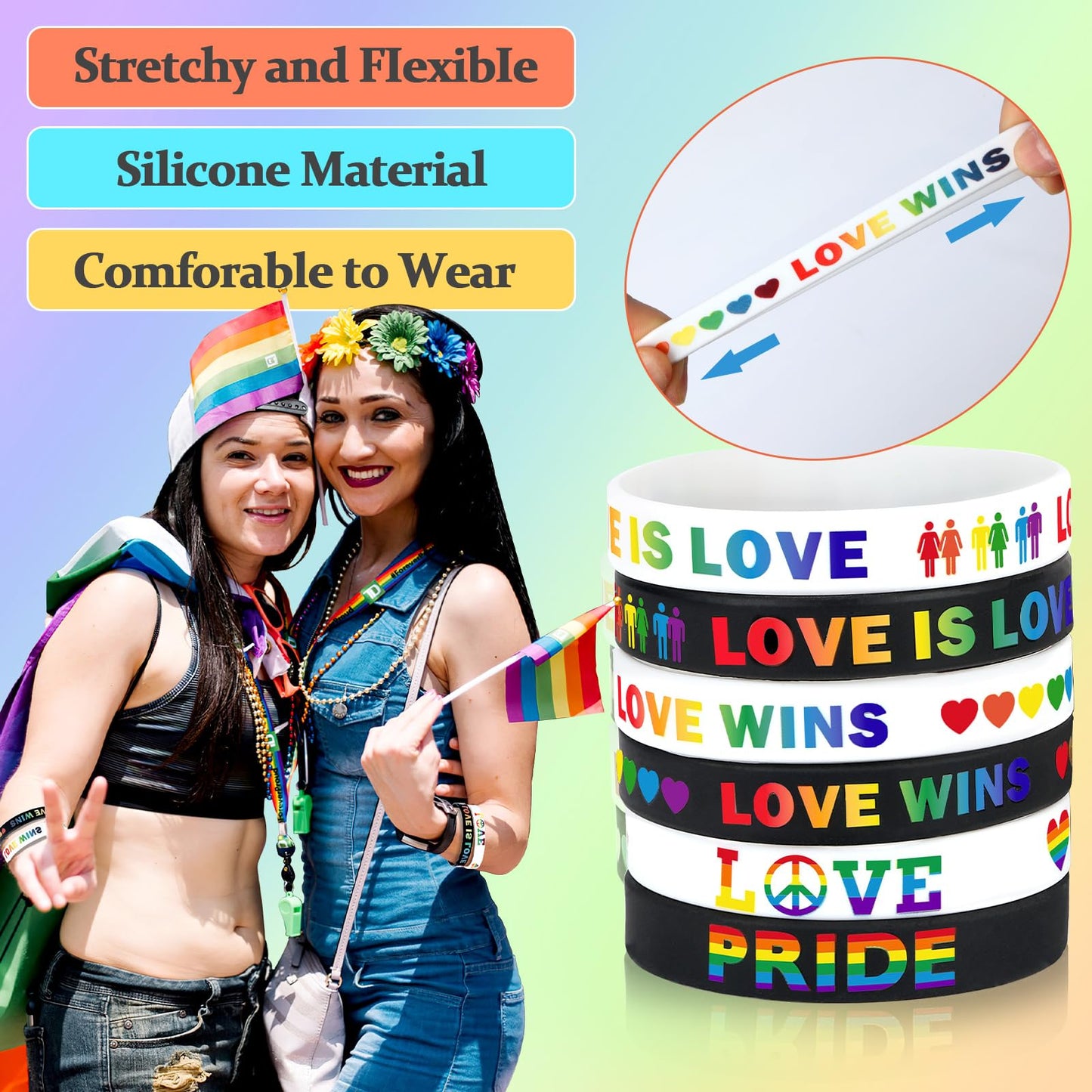 JUNEBRUSHS 42pcs Rainbow Gay Pride Silicone Bracelets Pride Accessories