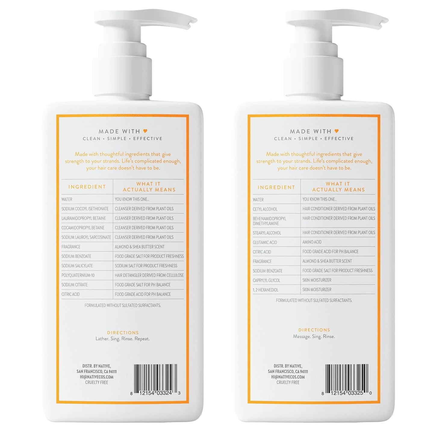 Native Shampoo & Conditioner Set - Naturally Derived, Sulfate & Dye Free | Almond & Shea Butter, 16.5 fl oz Each (2-Pack)