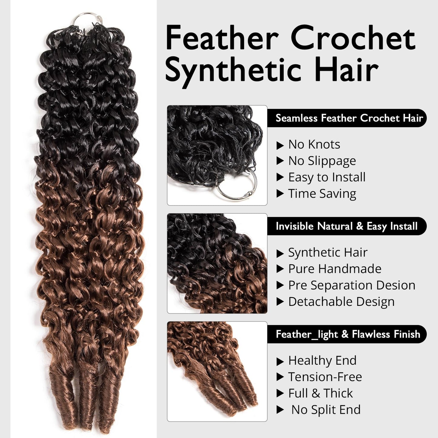 Feather Crochet Hair for Black Women Miracle Knots Invisible Curly Water Wave Crochet Hair Black Pre-Separated Deep Wave Synthetic Braiding Hair Extensions (OT30, 12, Burmese Curly)