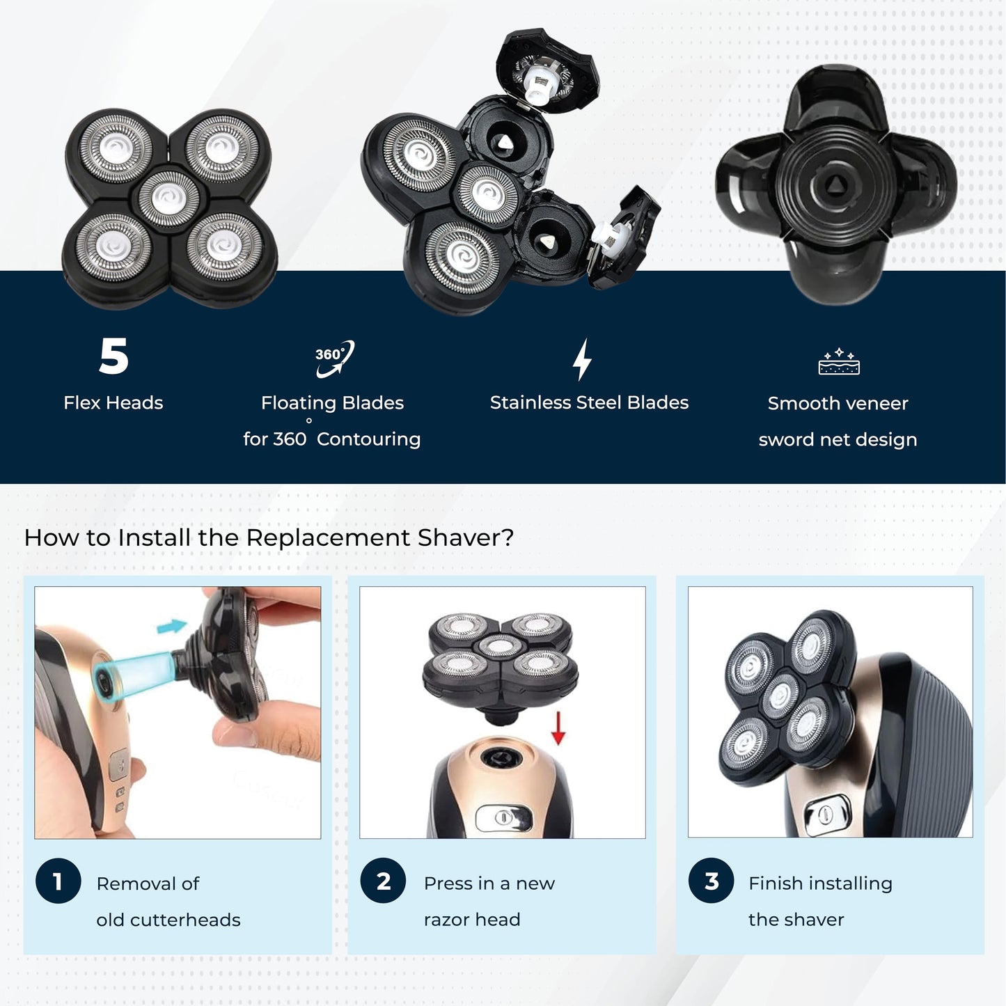 3 Pack Shaver Replacement Blades Compatible with Freedom Head Shaver Kit, 5 Blades Shaver Replacement Heads for Head Shavers for Bald Men, Replacement Blades for Head Electric Razor Shaving, 3 Brush