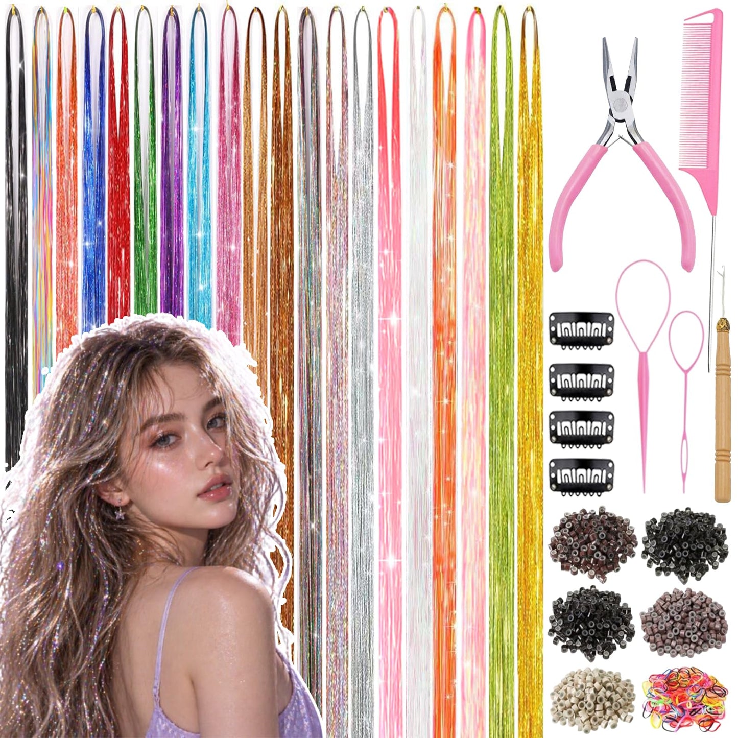 Hair Tinsel Kit 20 Colors Glitter Tinsel Hair Extensions for Women Girls
