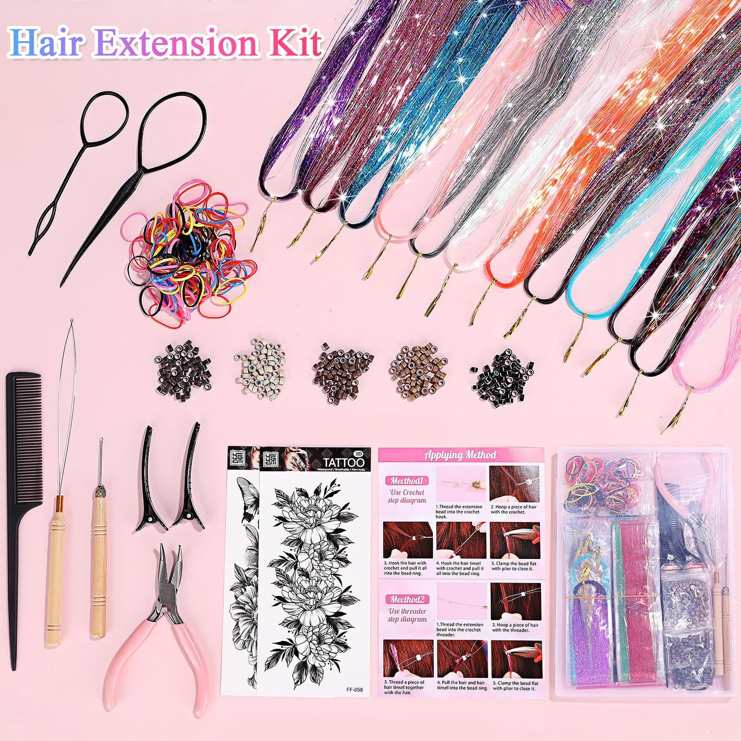 ROADPLUM Hair Tinsel Kit with Tools, 20 Colors 4000 Strands Sparkling Glitter Tinsel Hair, Heat Resistant Shiny Fairy Hair Tinsel Extensions for Women Girls Hair Accessories for Cosplay Party