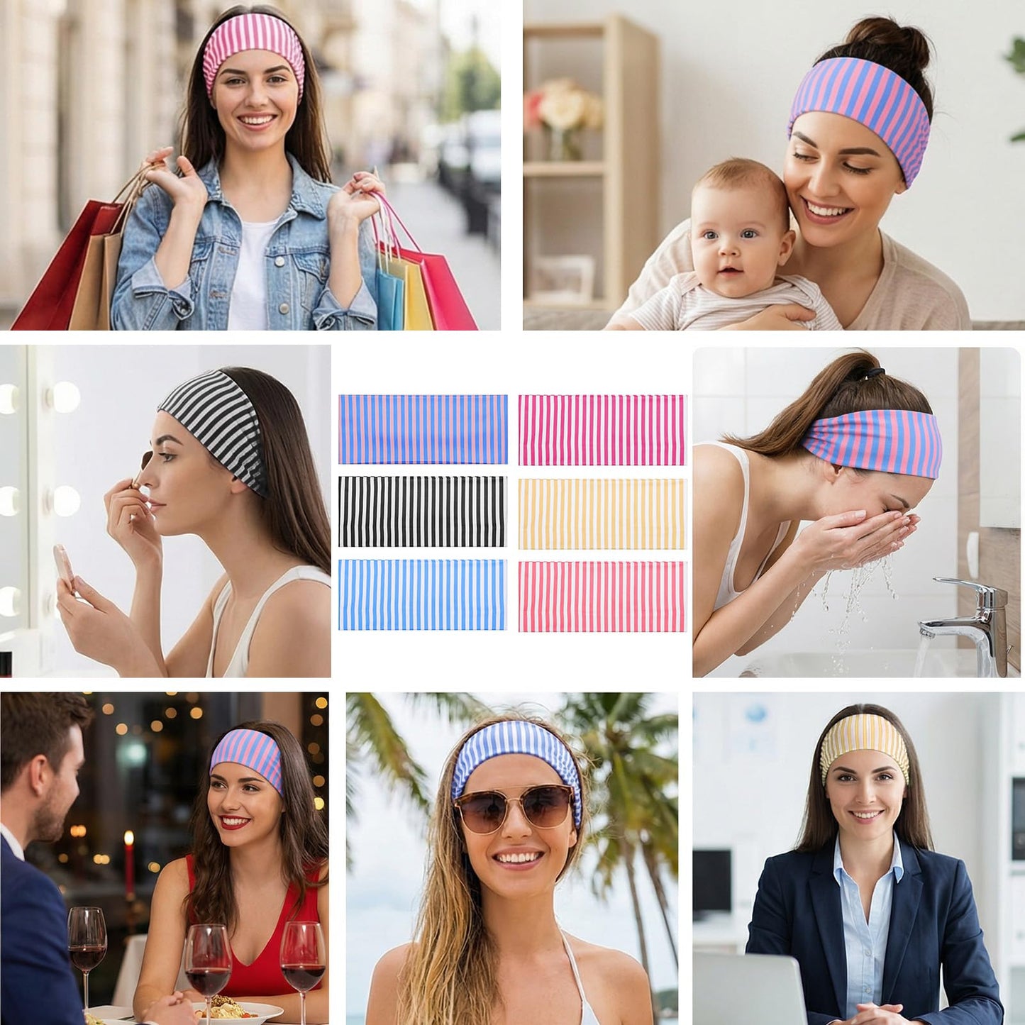 DOPENSPI 6 Pcs Striped Headband for Women, Polyester Elastic Stretchy Hairbands Non Slip Hair Bands Fashion Bandanas Hair Accessories for Sports Head Wraps