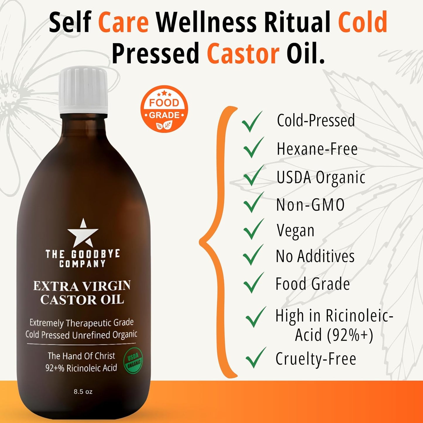 USDA Organic Cold-Pressed Castor Oil - Extra Virgin, Hexane-Free, 8.5 oz Glass Bottle | Pure for Hair, Skin, Lashes & Brows