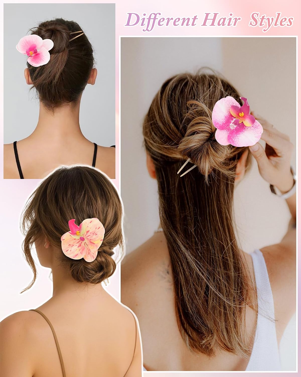 Hawaiian Orchid Flower Hair Pins - 3 Pack Metal Hair Sticks for Thick Hair Updos | Perfect for Beach Vacations