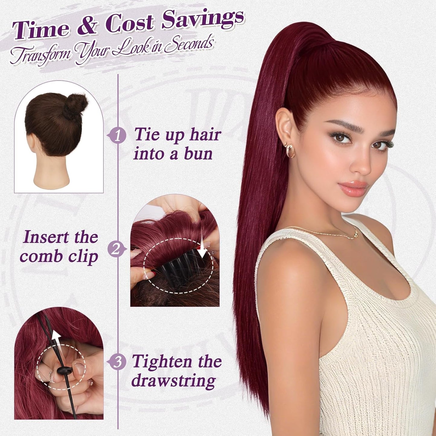 Red Straight Drawstring Ponytail Extension - 28 Inch Thick Soft Synthetic Hairpiece for Daily or Party Use