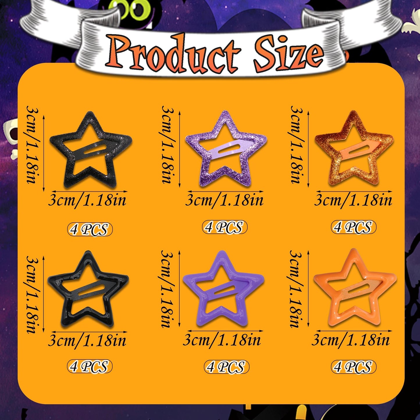 NAISKA 24PCS Halloween Stars Hair Clips Sequins Stars Hair Barrettes Metal Star Snap Clip Y2K Non Slip Clips Halloween Vibe Cute Hair Accessories for Women Girls