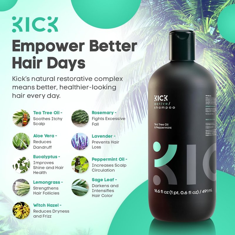 Kick Men's Shampoo - Peppermint & Tea Tree Oil Control - Sulfate-Free, Anti-Dandruff Formula | 16.6oz